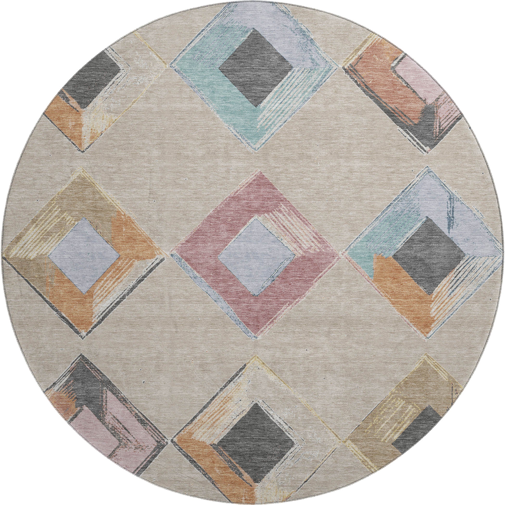 Kotor Machine Washable Transitional Beige Brown Rug 8' x 8' #shape_Round