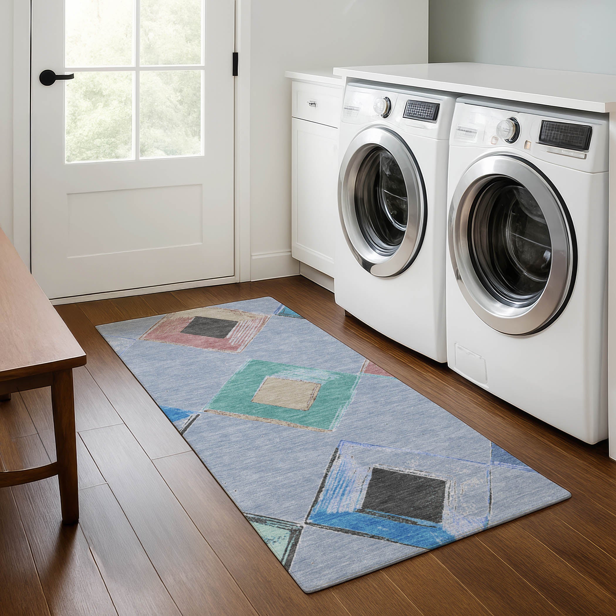 Kotor Machine Washable Transitional Denim Blue Rug 2'3" x 7'6" #shape_Runner