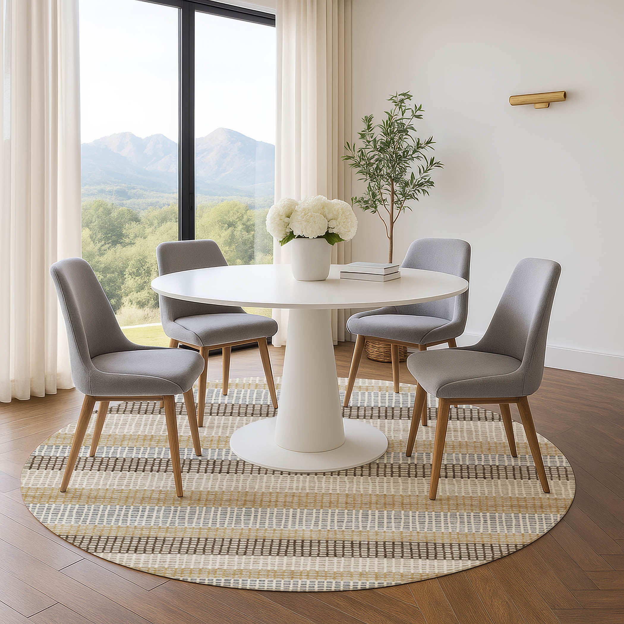 Queenstown Machine Washable Transitional Beige Brown Rug 8' x 8' #shape_Round