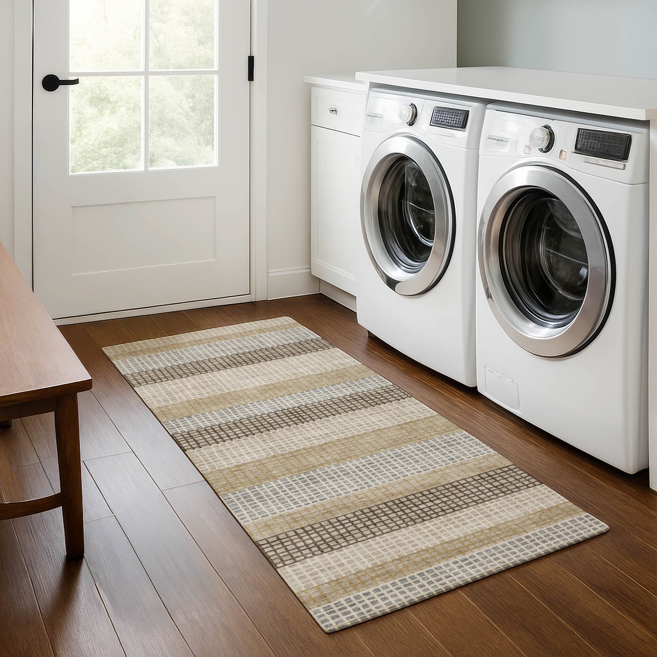 Queenstown Machine Washable Transitional Beige Brown Rug 2'3" x 7'6" #shape_Runner