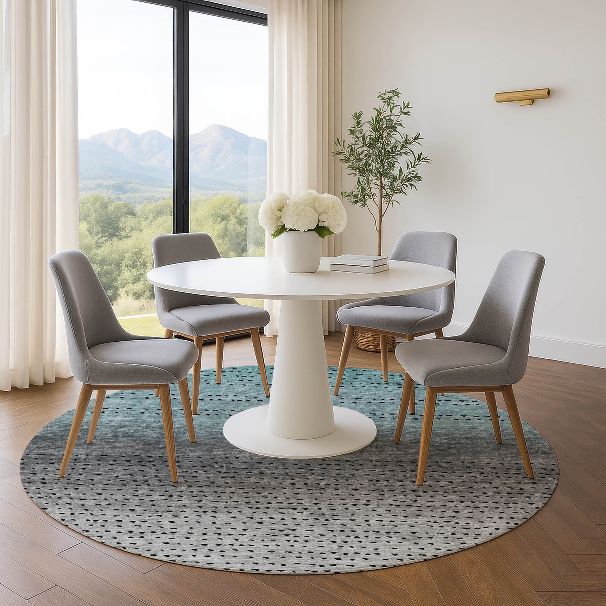Luang Prabang Machine Washable Transitional Teal Rug 8' x 8' #shape_Round