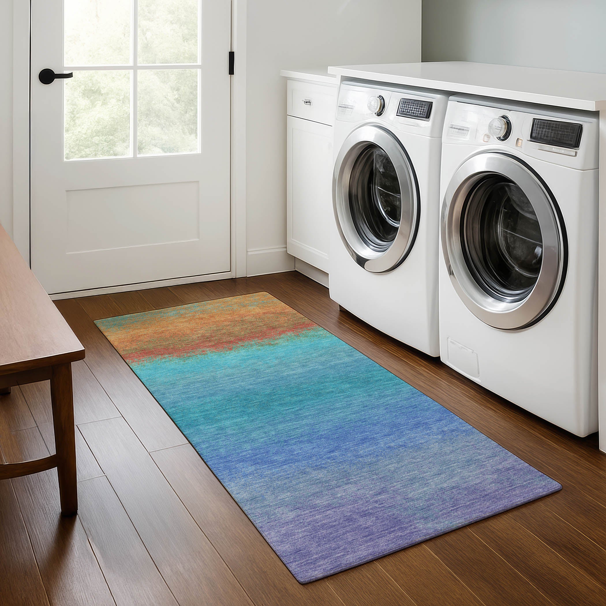 Mdina Machine Washable Transitional Aqua Teal Rug 2'3" x 7'6" #shape_Runner