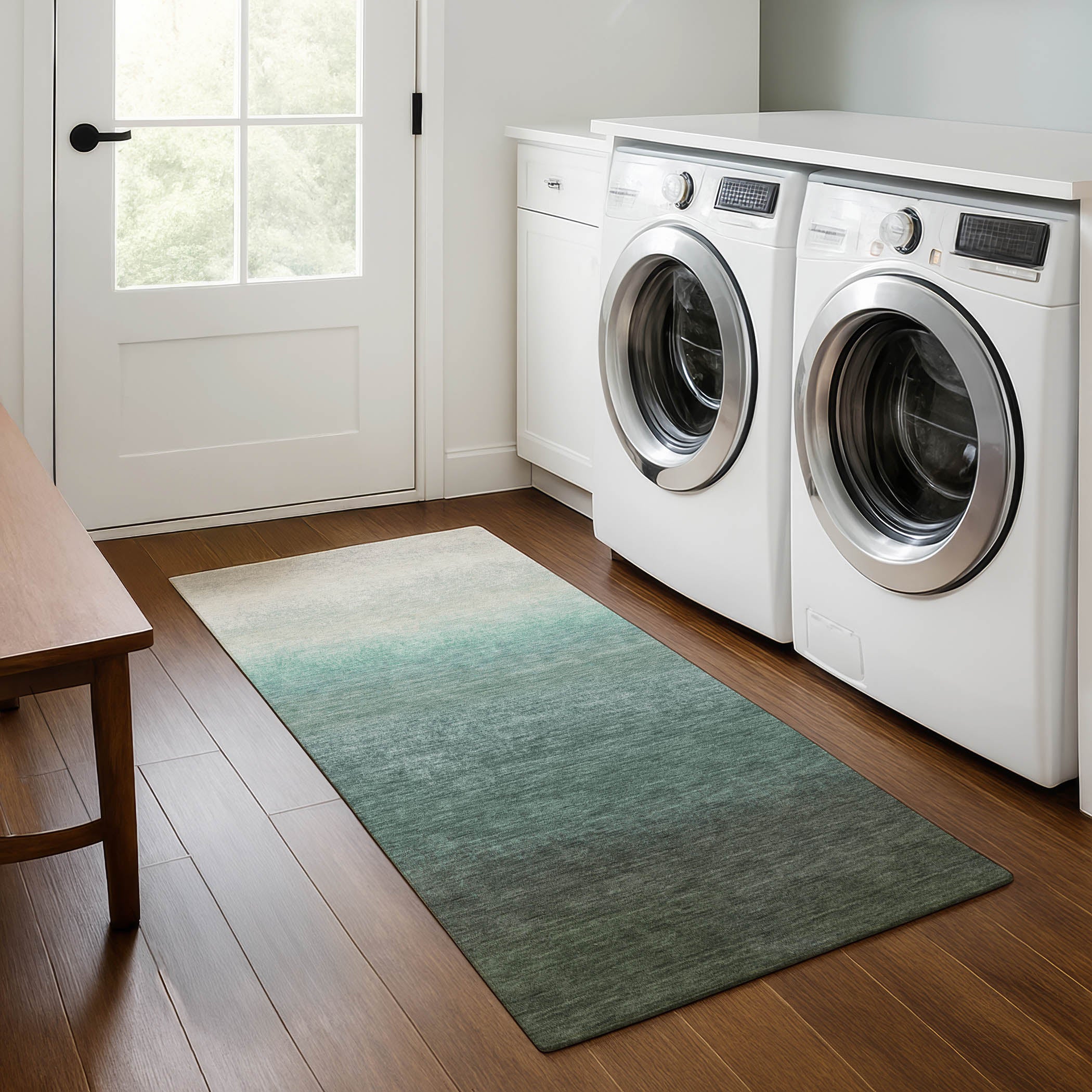 Mdina Machine Washable Transitional Seafoam Blue Rug 2'3" x 7'6" #shape_Runner