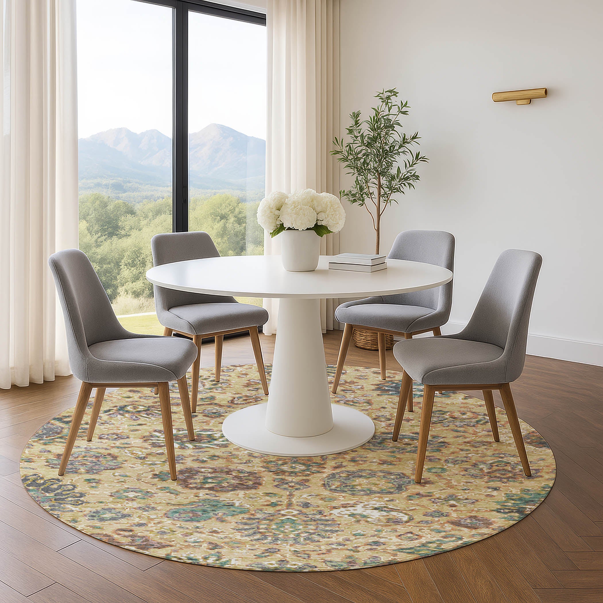 Queenstown Machine Washable Traditional Gold Rug 8' x 8' #shape_Round