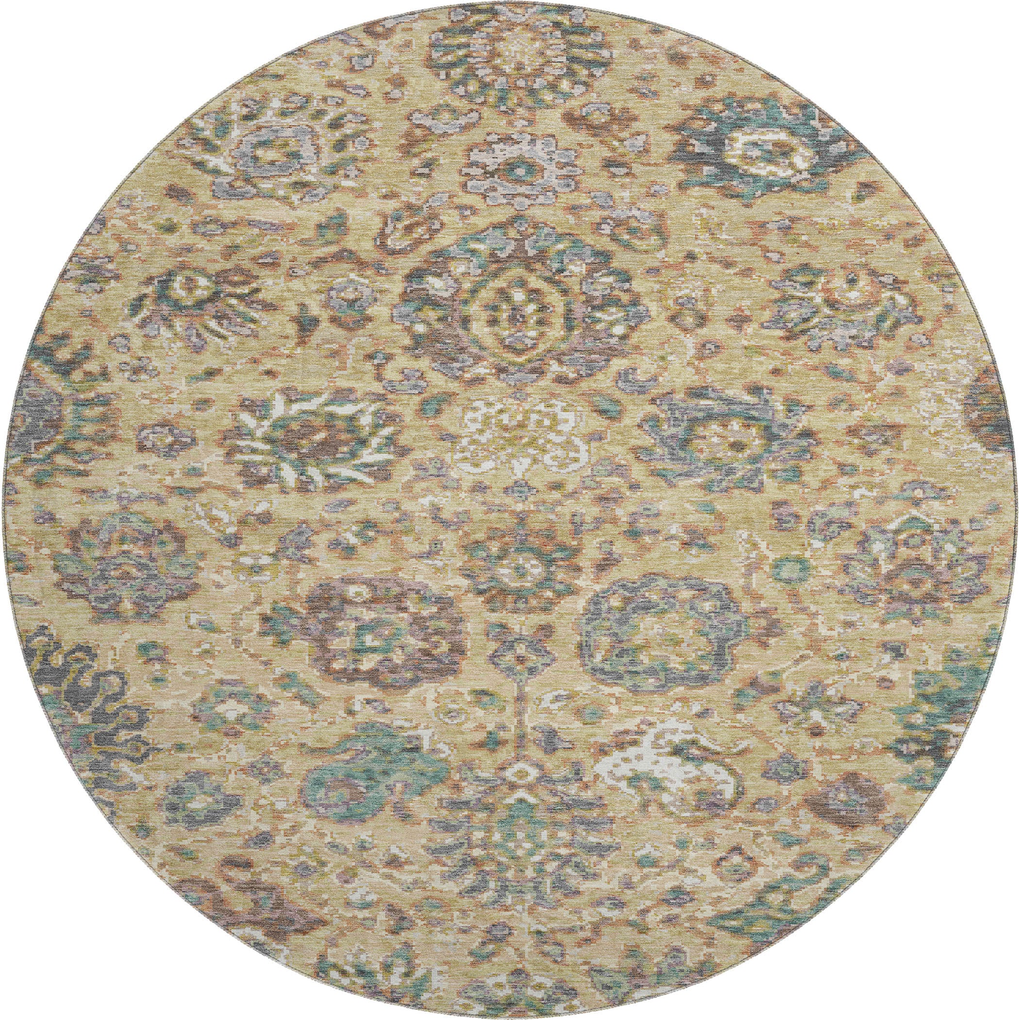Queenstown Machine Washable Traditional Gold Rug 8' x 8' #shape_Round