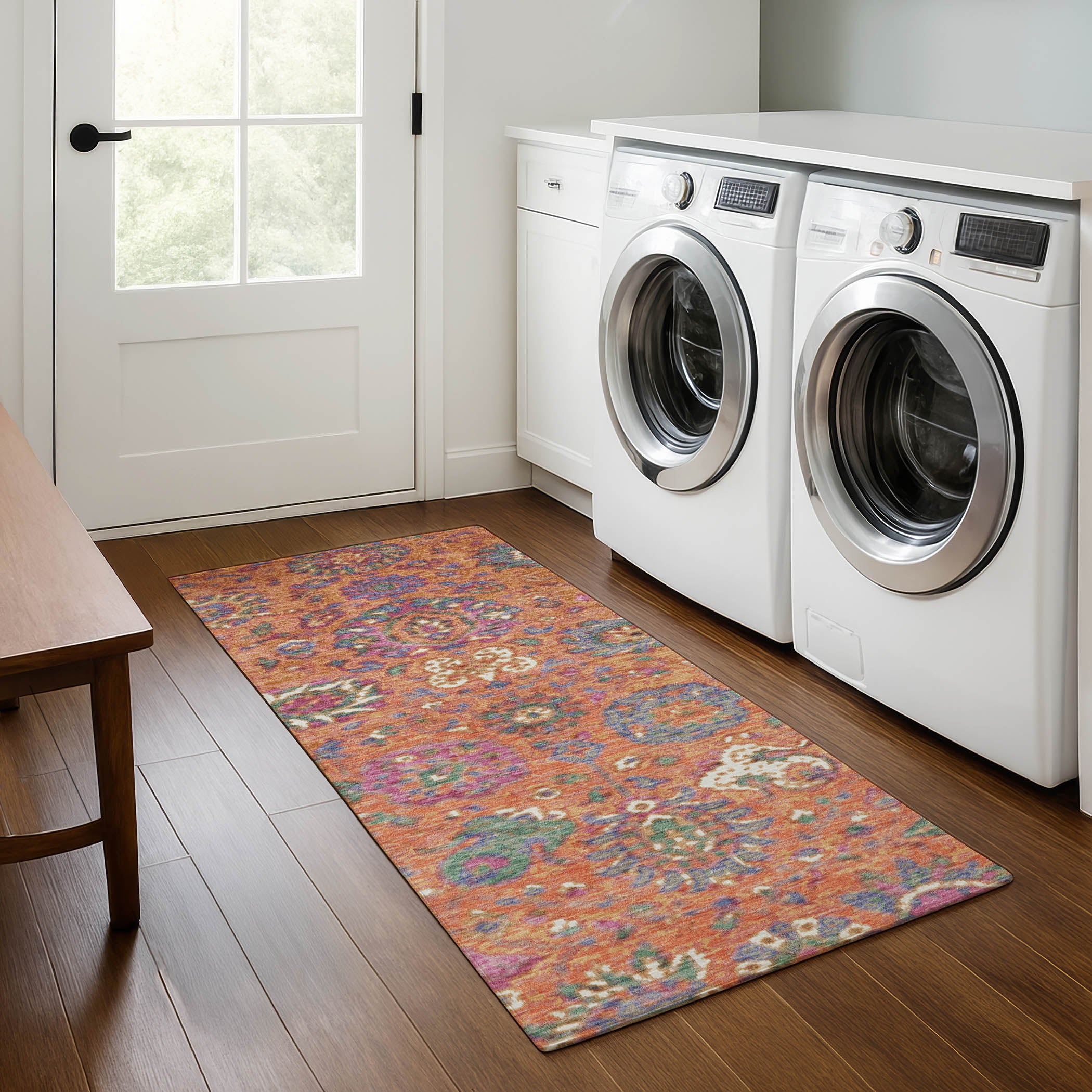 Queenstown Machine Washable Traditional Orange Rug 2'3" x 7'6" #shape_Runner