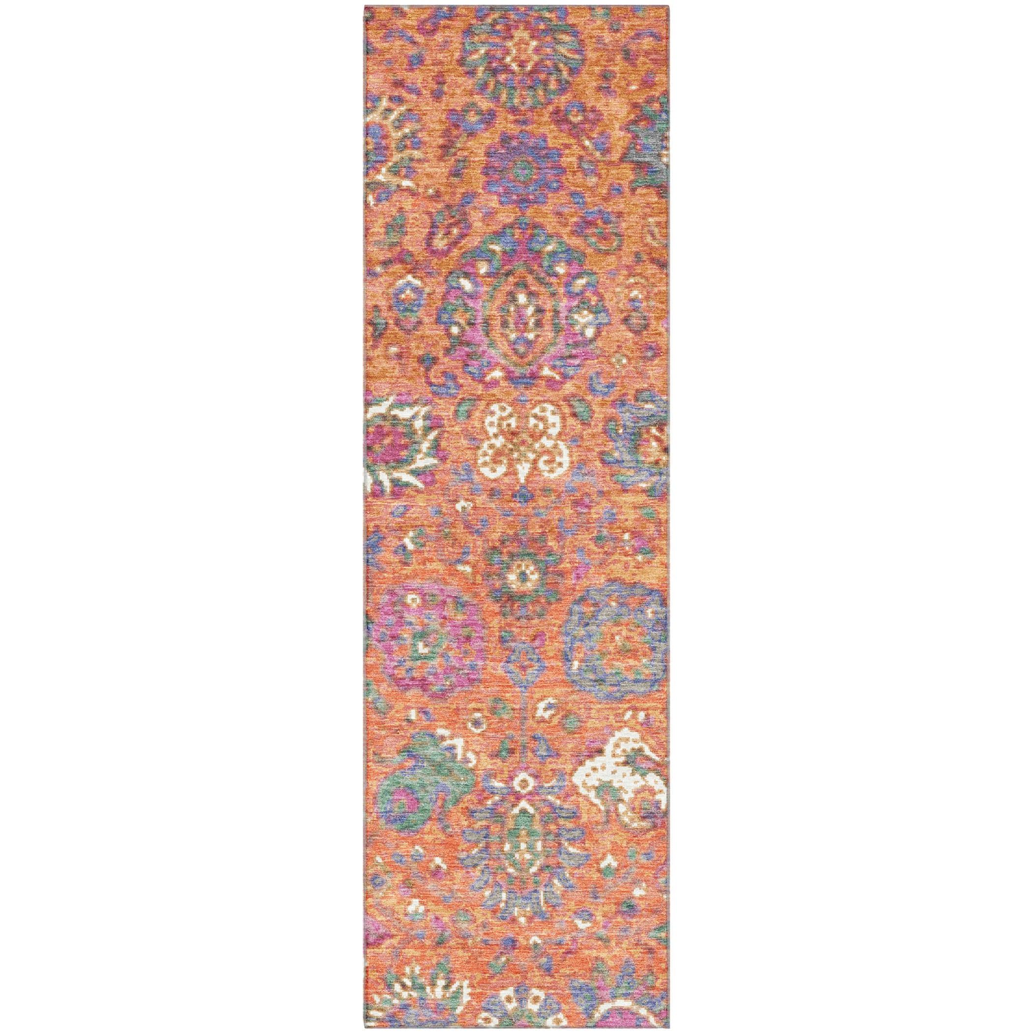 Queenstown Machine Washable Traditional Orange Rug 2'3" x 7'6" #shape_Runner