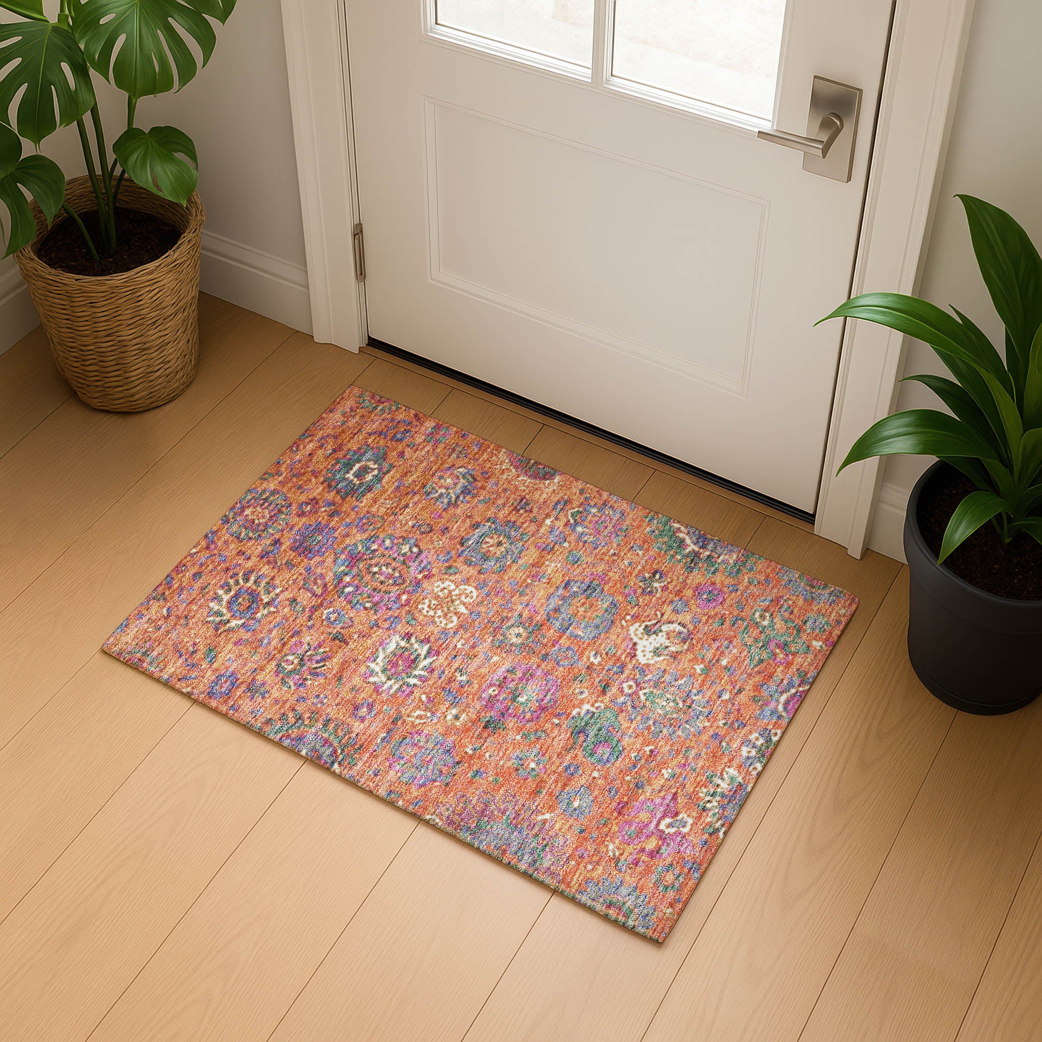 Queenstown Machine Washable Traditional Orange Rug 1'8" x 2'6" #shape_Rectangle