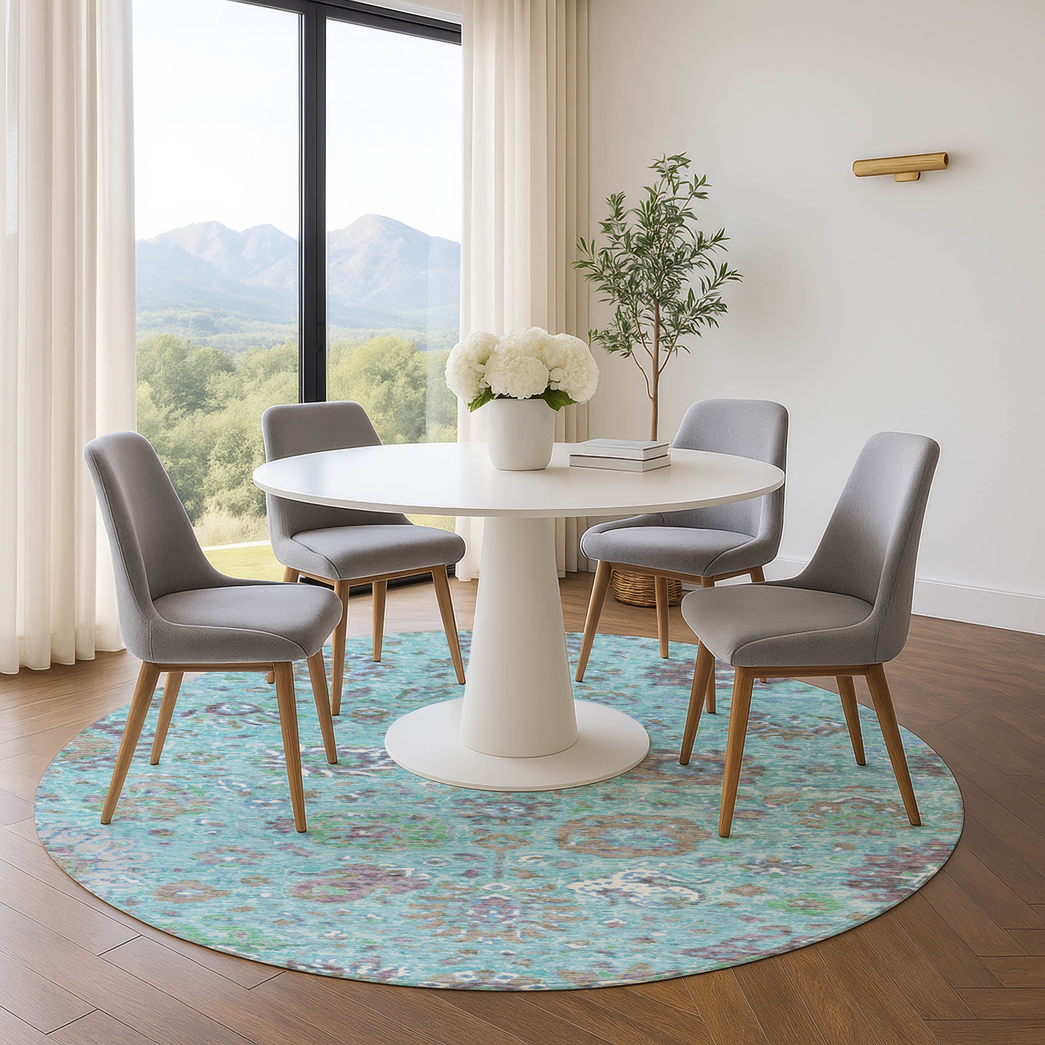Queenstown Machine Washable Traditional Teal Rug 8' x 8' #shape_Round