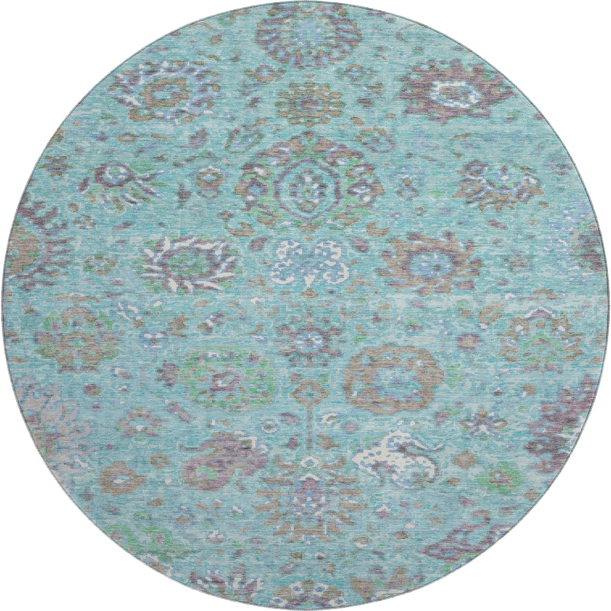 Queenstown Machine Washable Traditional Teal Rug 8' x 8' #shape_Round