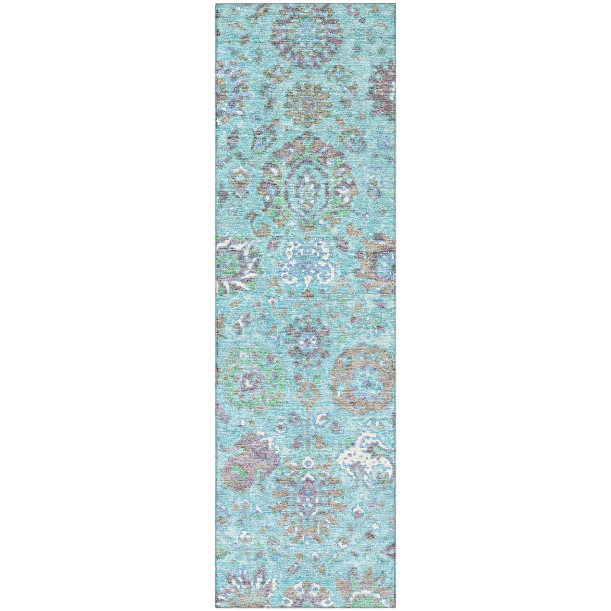 Queenstown Machine Washable Traditional Teal Rug 2'3" x 7'6" #shape_Runner