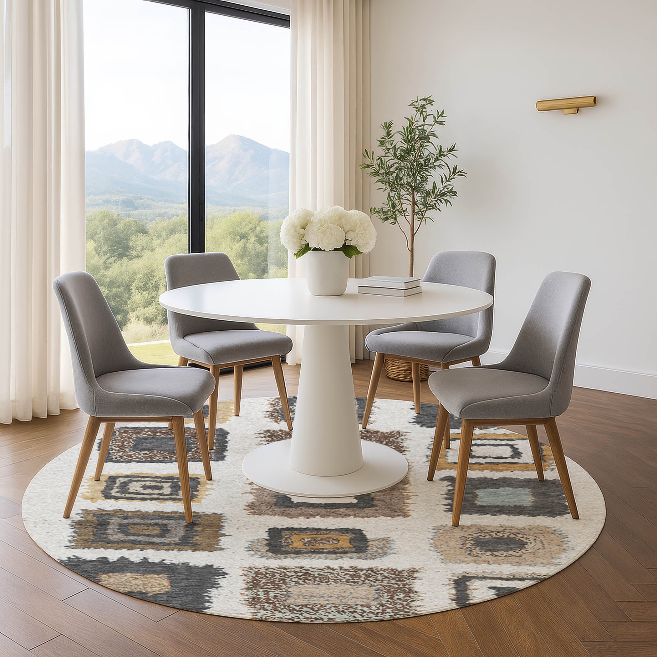 Mdina Machine Washable Transitional Ivory Rug 8' x 8' #shape_Round