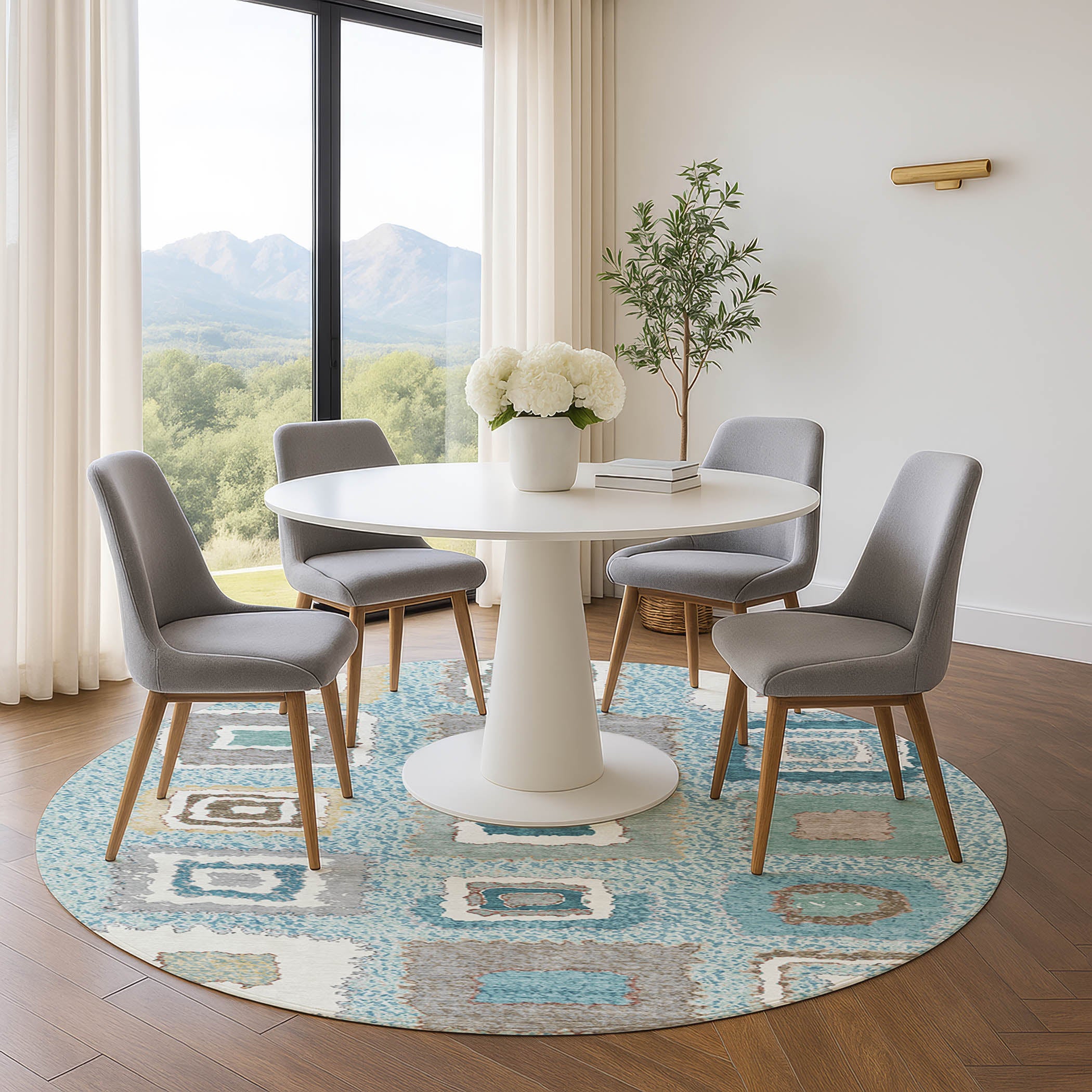 Mdina Machine Washable Transitional Teal Rug 8' x 8' #shape_Round