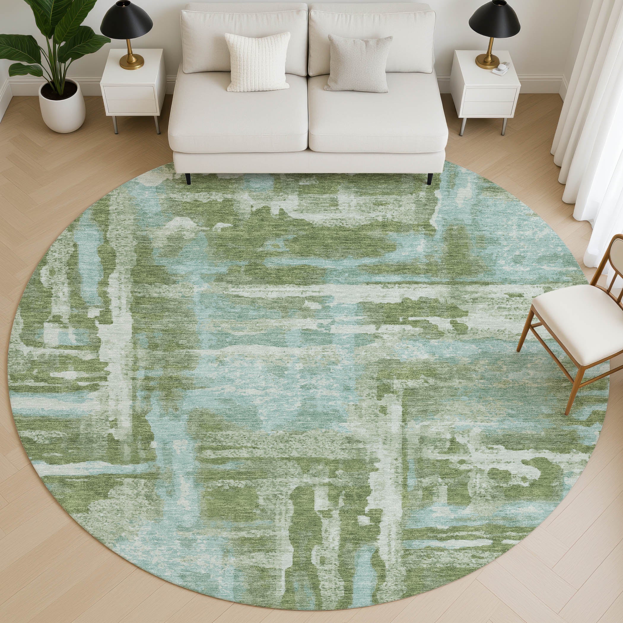 Lucerne Machine Washable Transitional Cactus Green Rug 8' x 8' #shape_Round