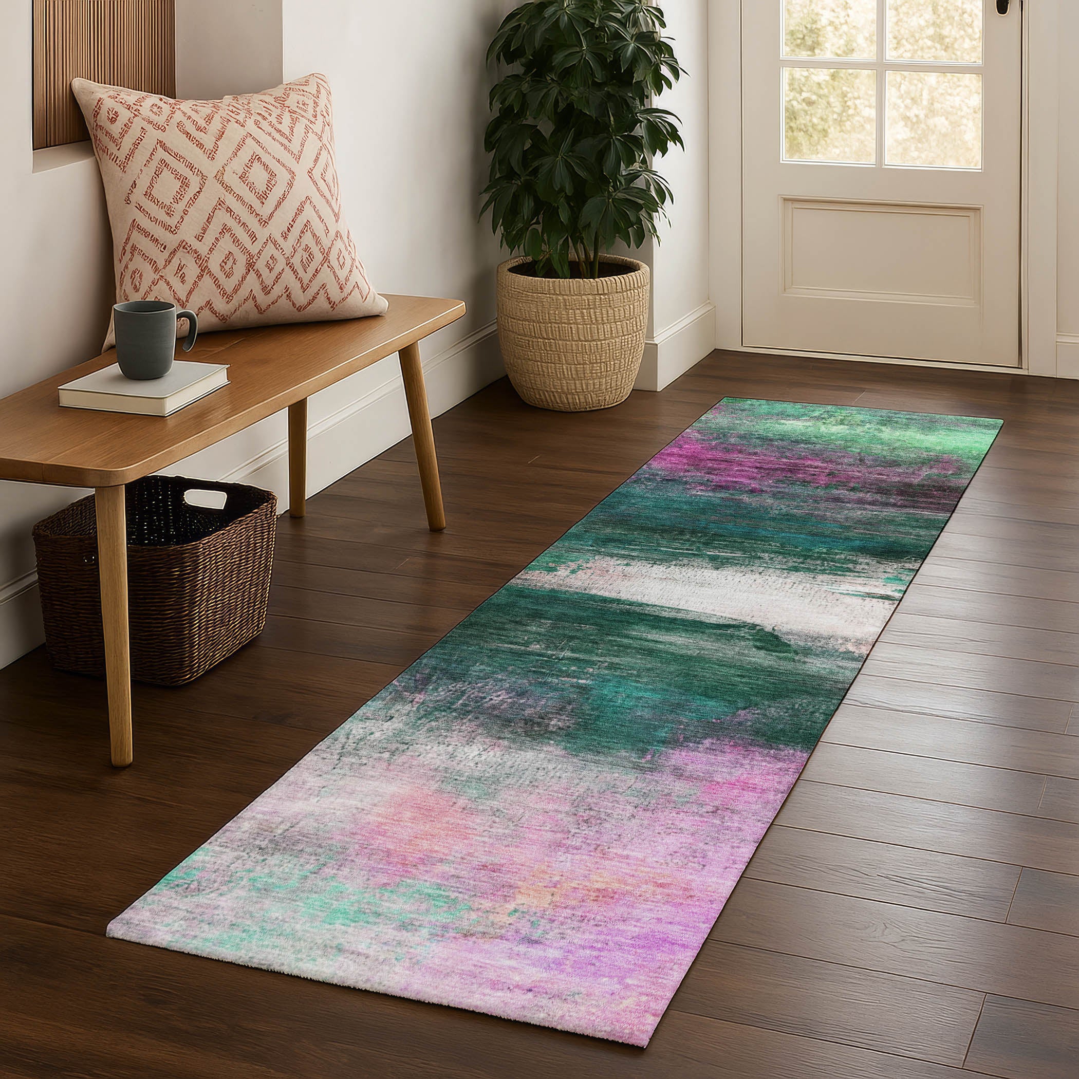 Florence Machine Washable Transitional Green Rug 2'3" x 7'6" #shape_Runner