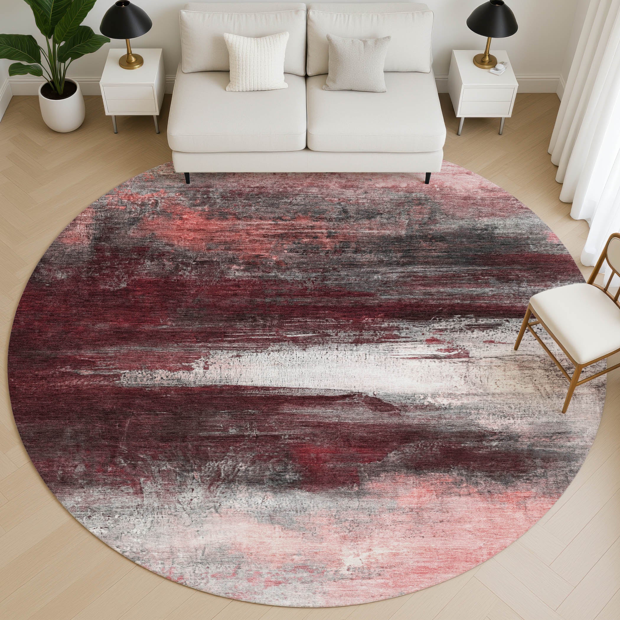 Florence Machine Washable Transitional Merlot Red Rug 8' x 8' #shape_Round