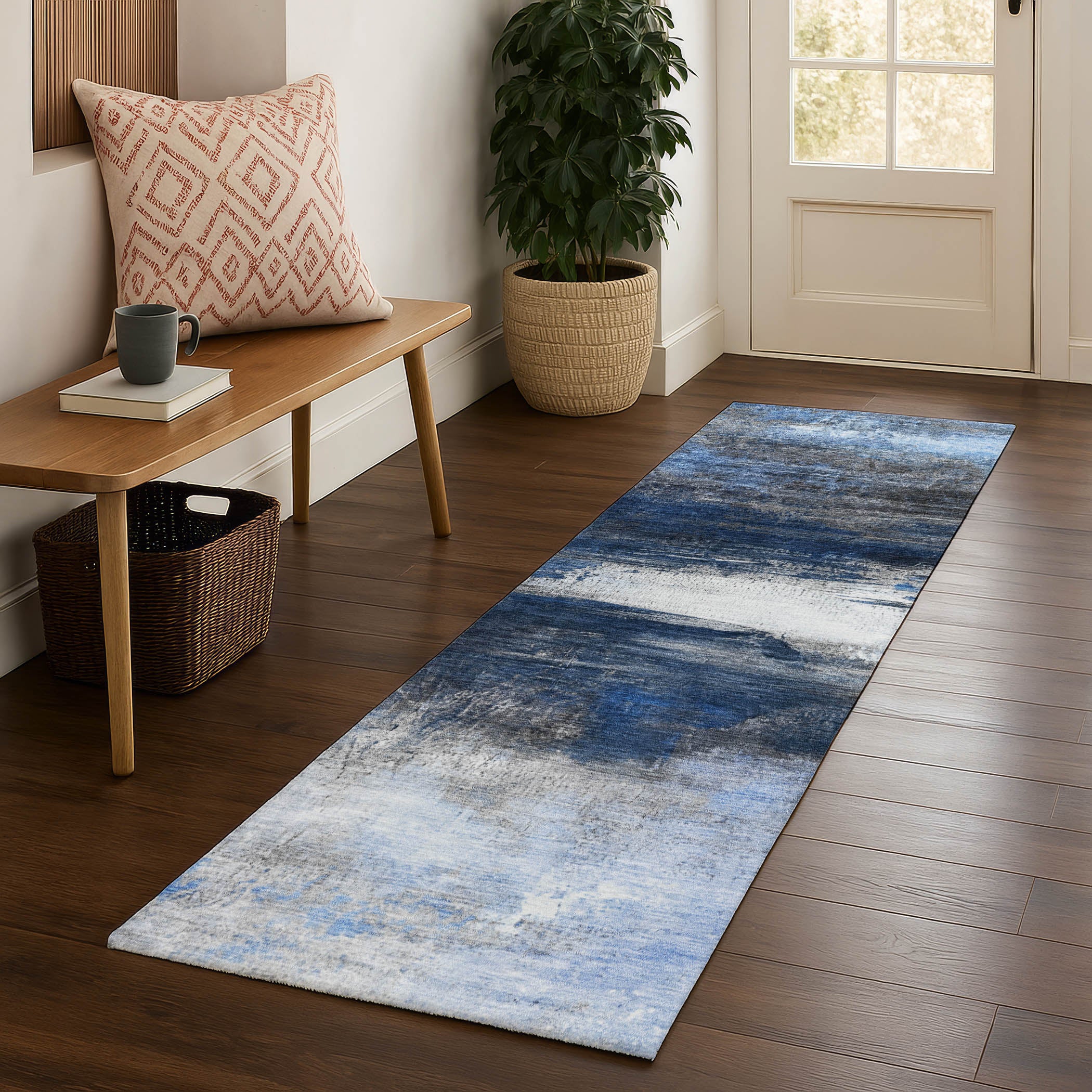Florence Machine Washable Transitional Navy Blue Rug 2'3" x 7'6" #shape_Runner