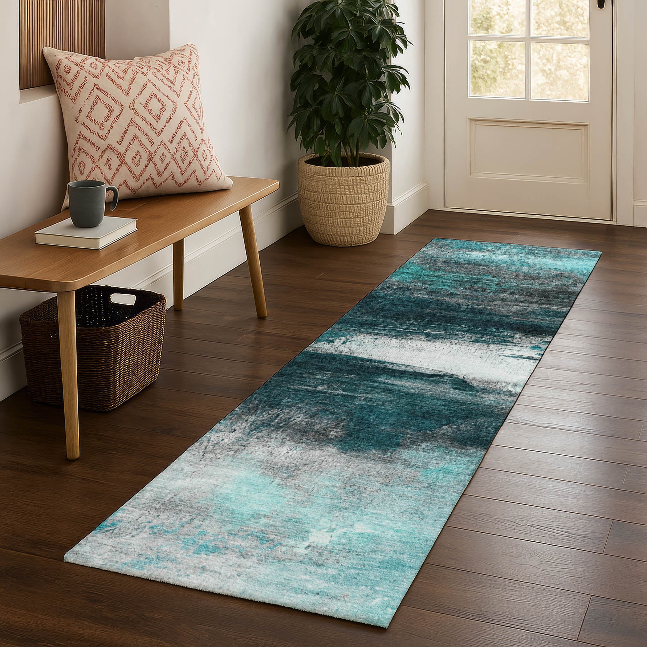Florence Machine Washable Transitional Teal Rug 2'3" x 7'6" #shape_Runner
