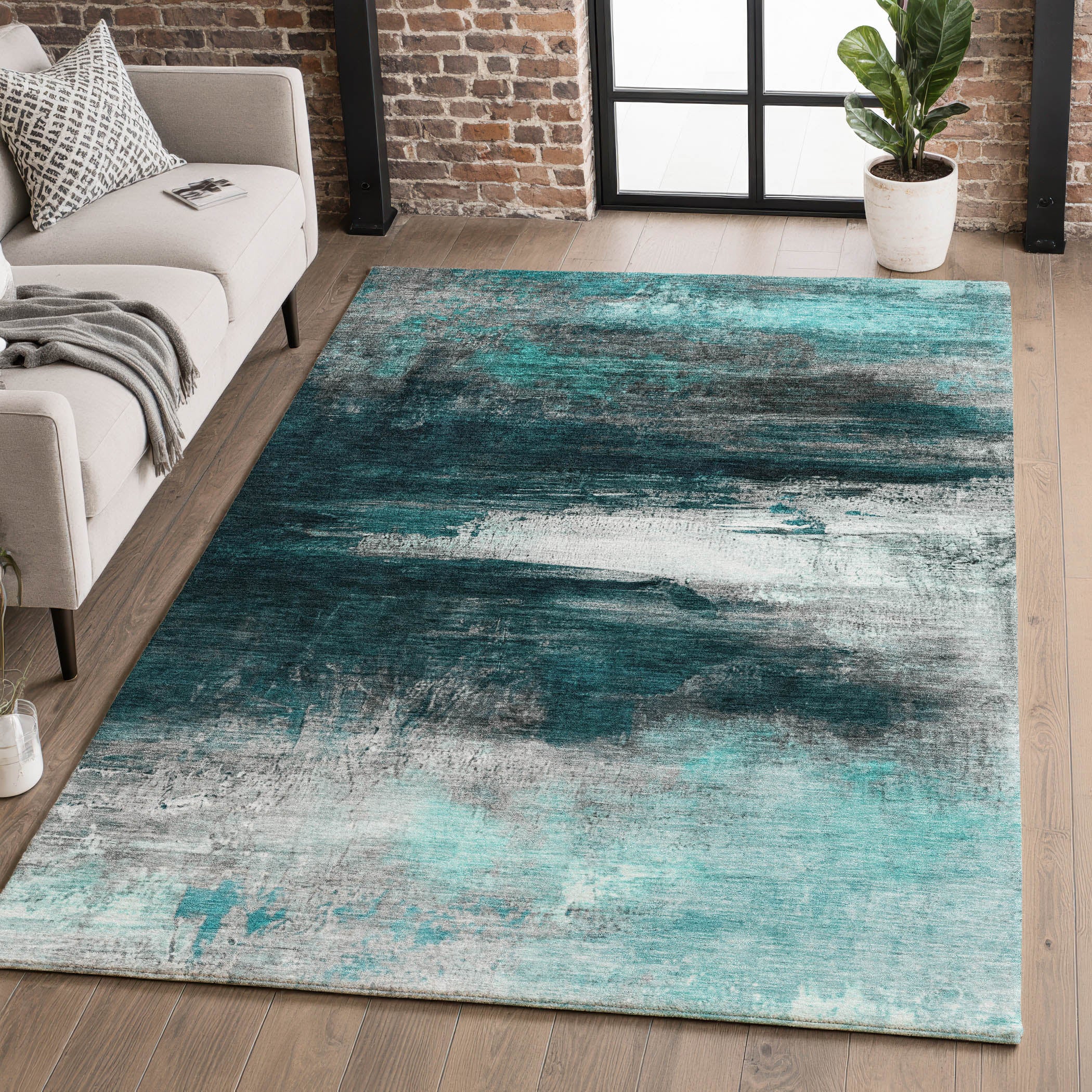Florence Machine Washable Transitional Teal Rug 2'6" x 3'10" #shape_Rectangle