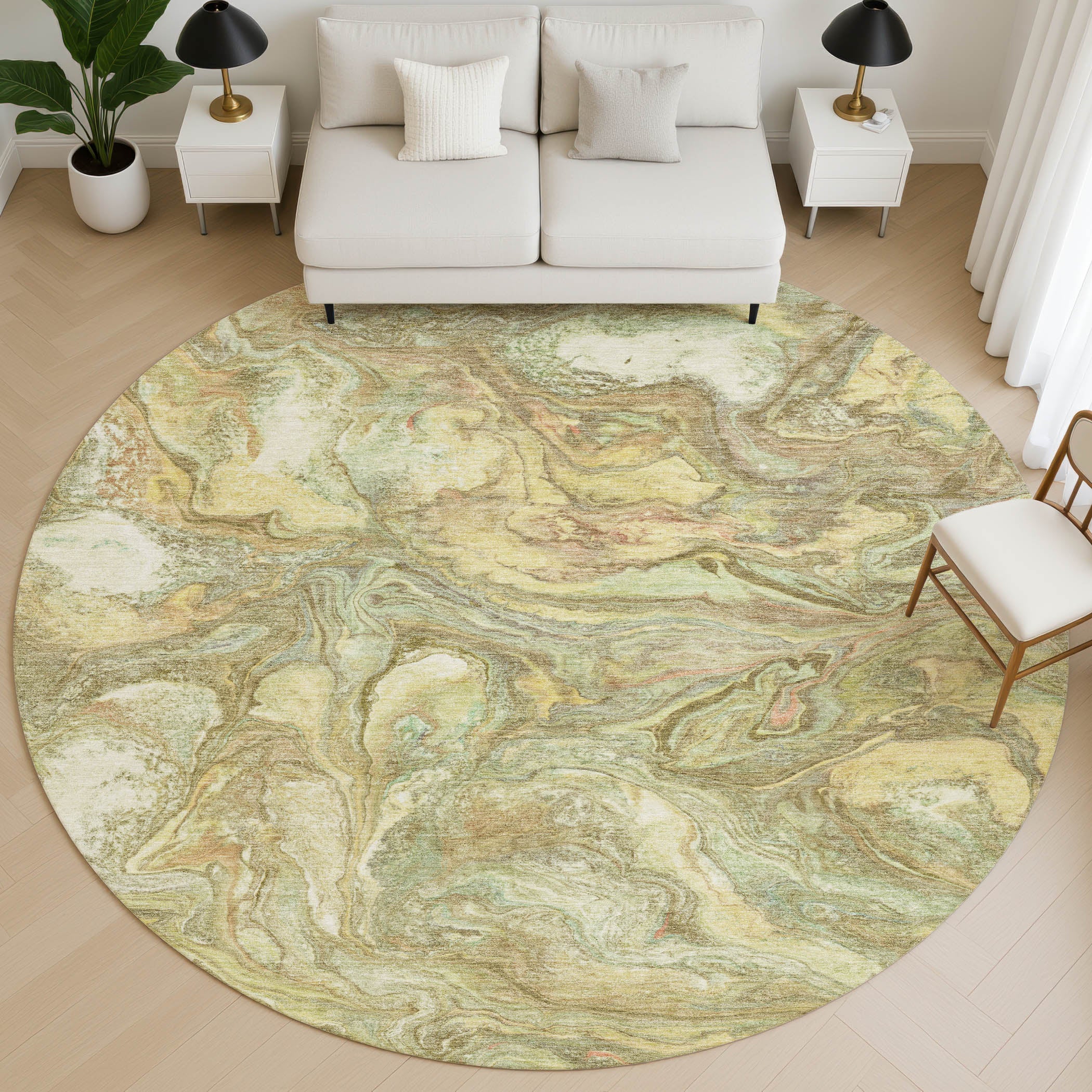 Athens Machine Washable Transitional Gold Rug 8' x 8' #shape_Round