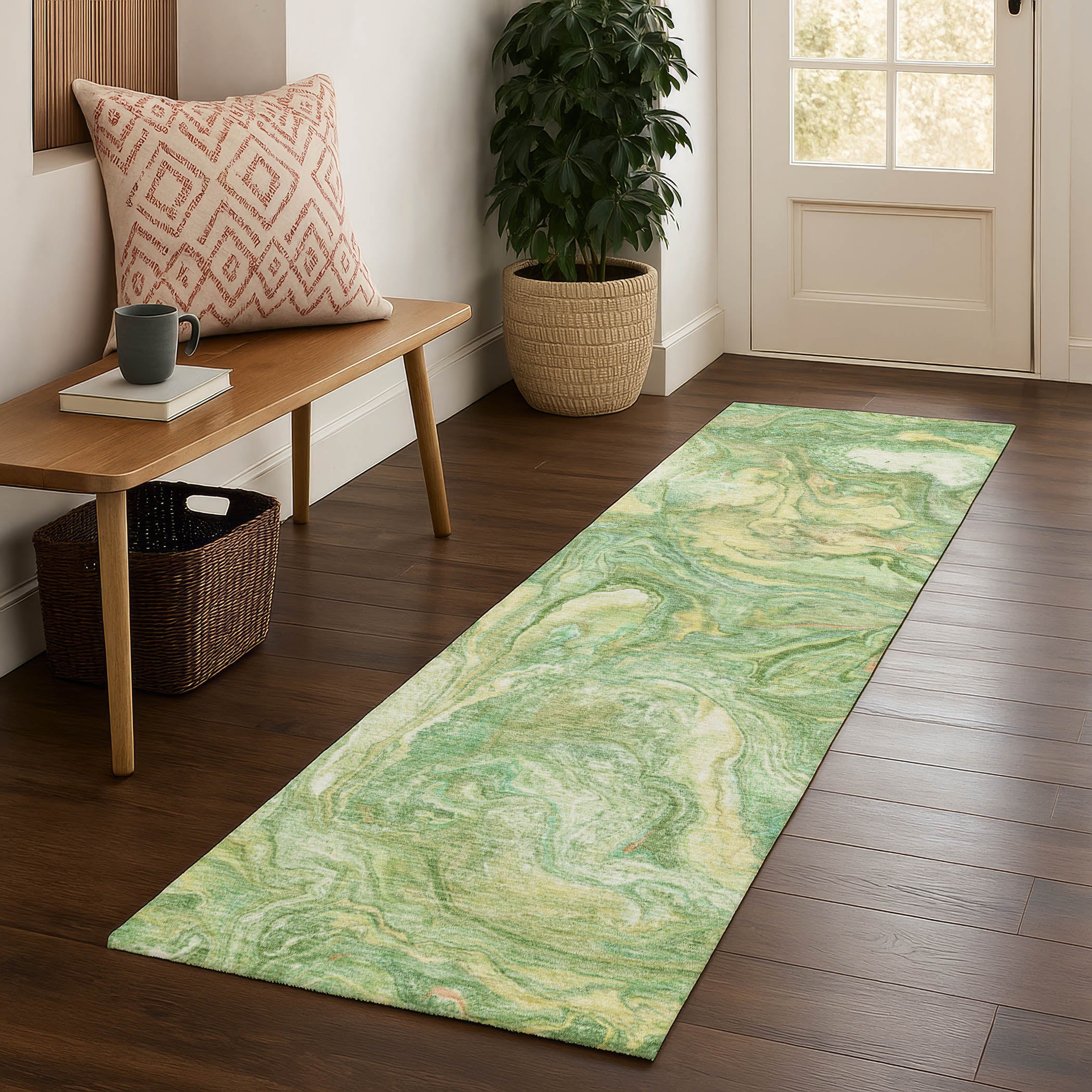 Athens Machine Washable Transitional Green Rug 2'3" x 7'6" #shape_Runner
