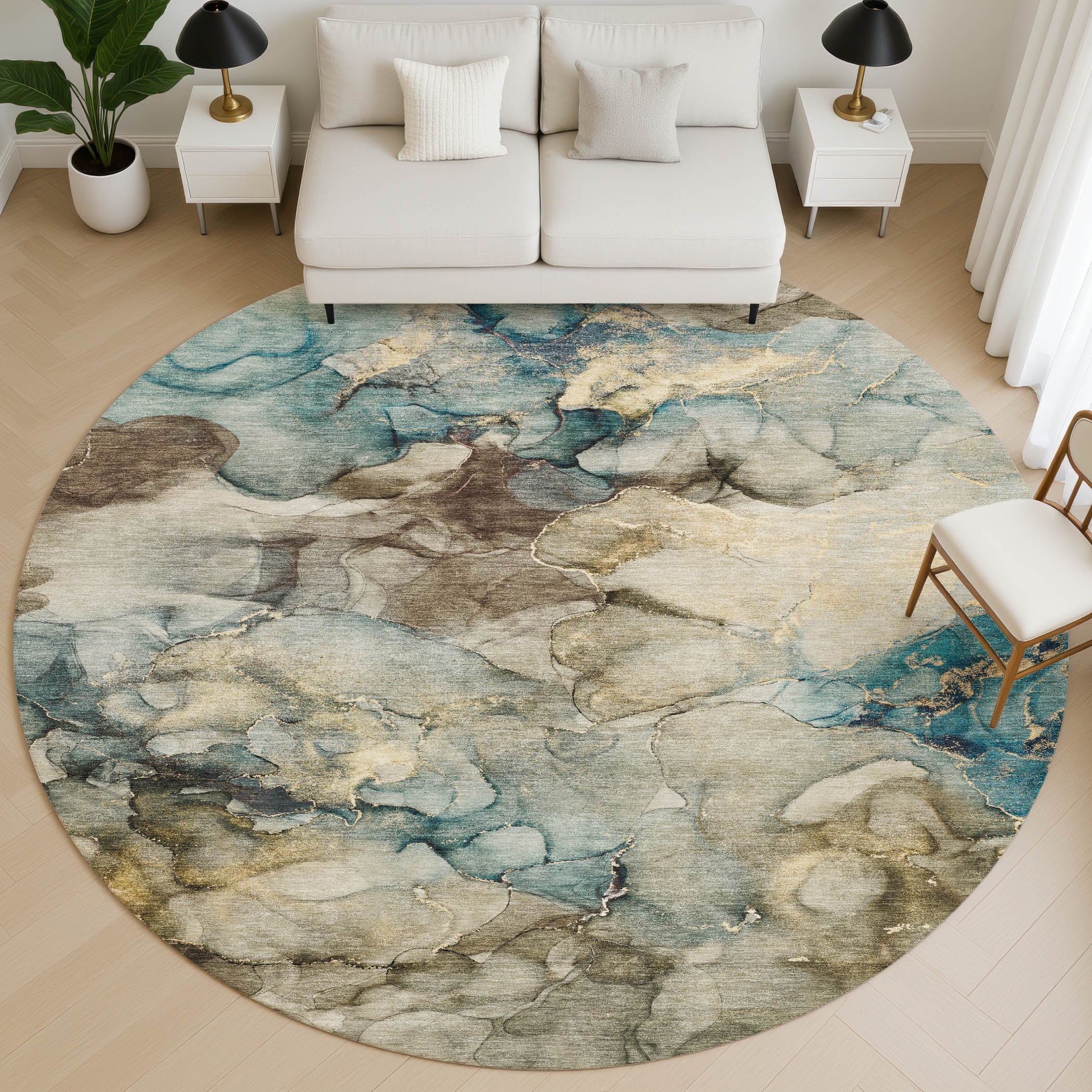Hoi An Machine Washable Transitional Brown Rug 8' x 8' #shape_Round
