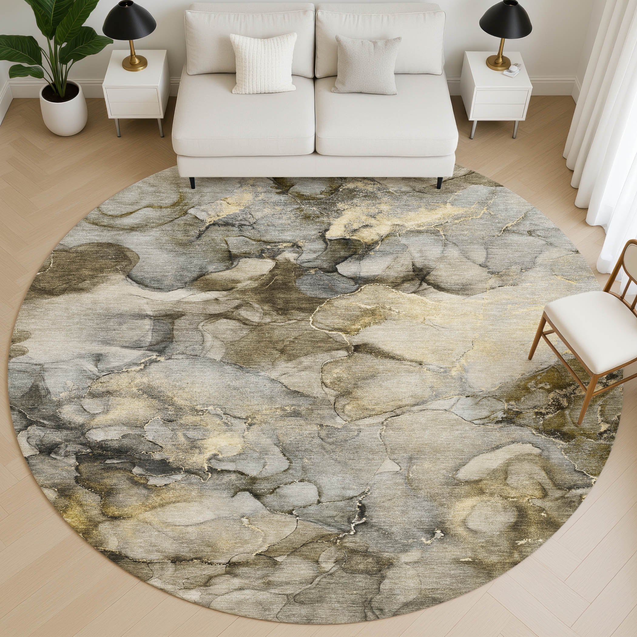 Hoi An Machine Washable Transitional Pewter Gray Rug 8' x 8' #shape_Round