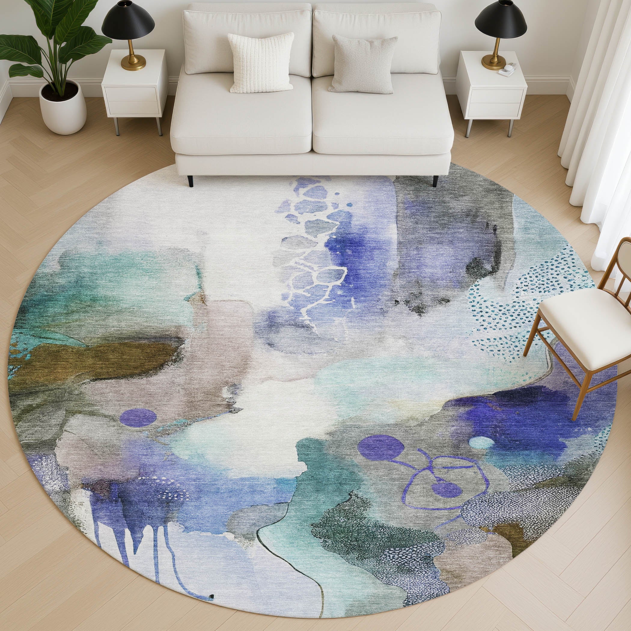 Sarajevo Machine Washable Transitional Brown Rug 8' x 8' #shape_Round