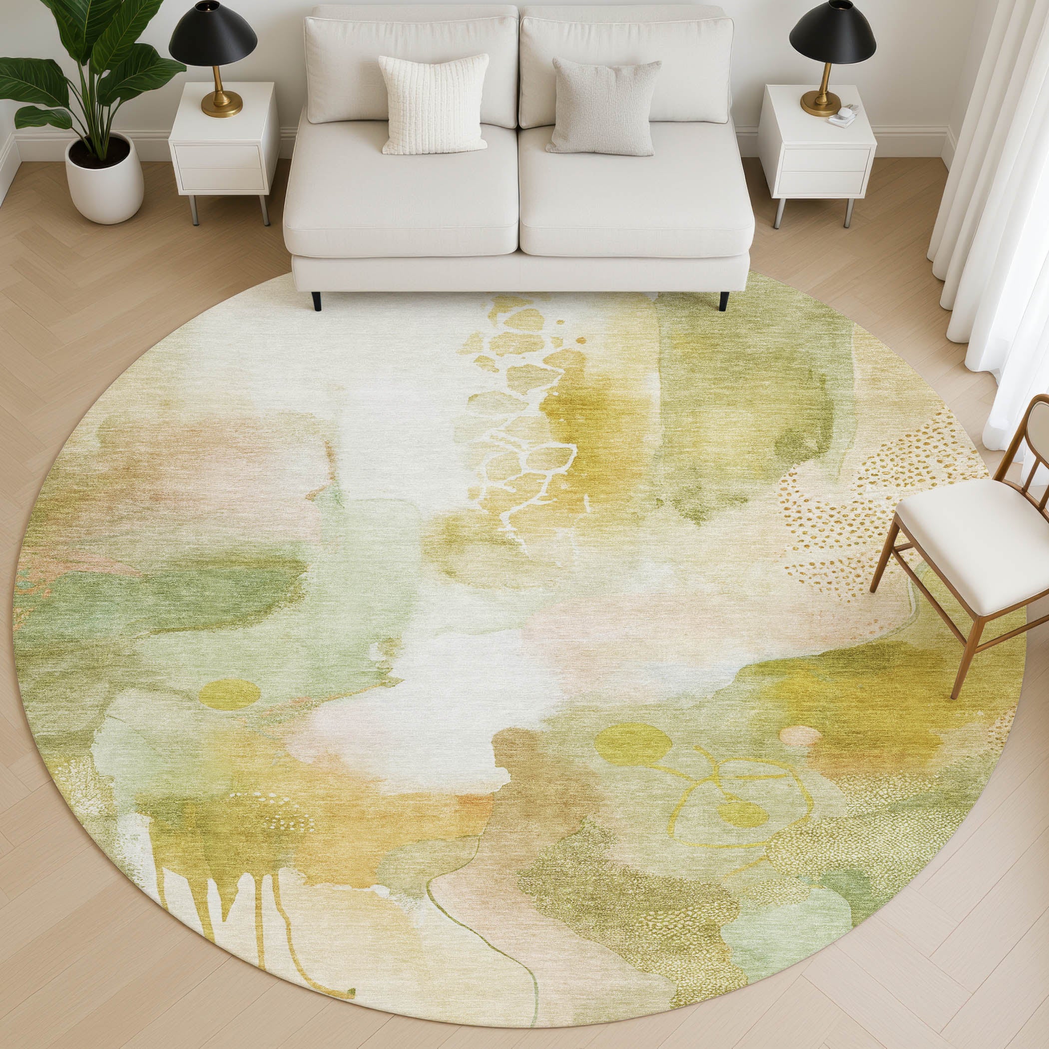 Sarajevo Machine Washable Transitional Fern Green Rug 8' x 8' #shape_Round