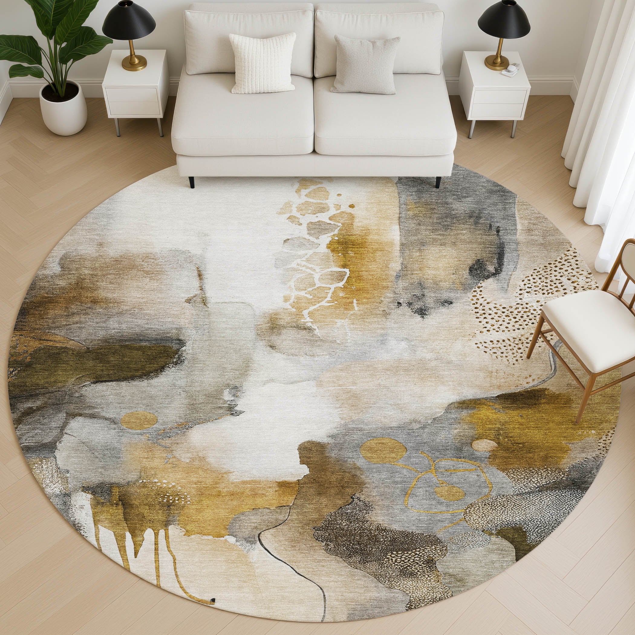 Sarajevo Machine Washable Transitional Mocha Brown Rug 8' x 8' #shape_Round