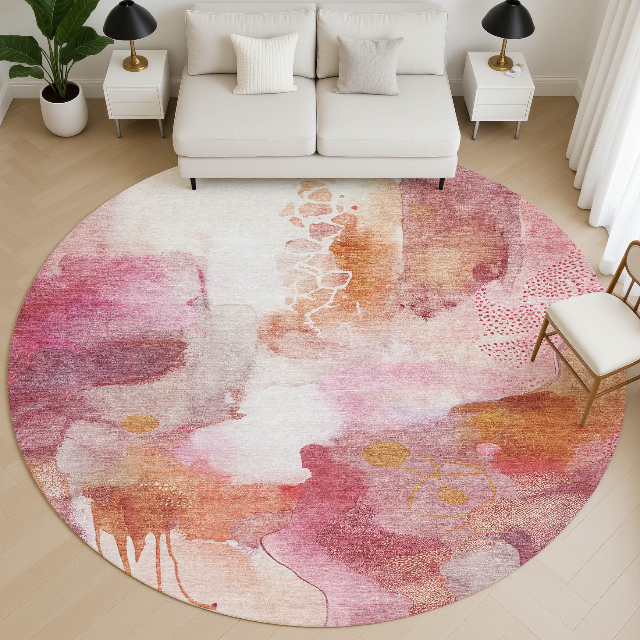 Sarajevo Machine Washable Transitional Pink Rug 8' x 8' #shape_Round