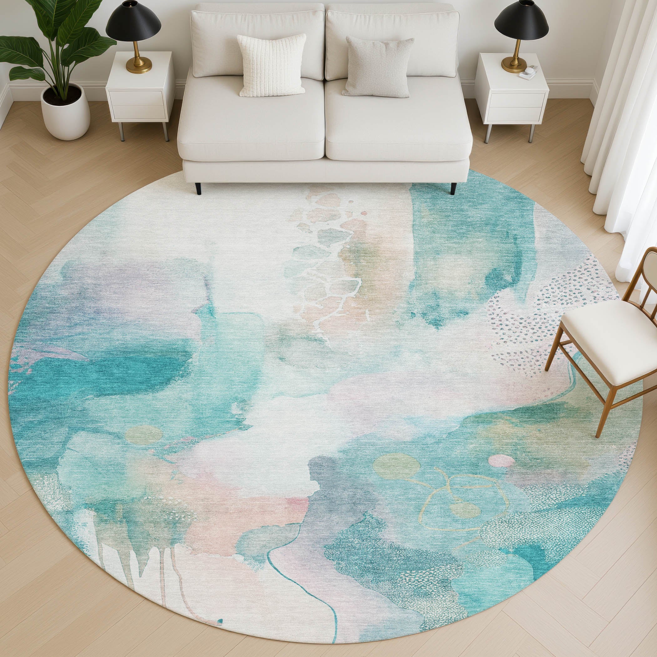 Sarajevo Machine Washable Transitional Turquoise Teal Rug 8' x 8' #shape_Round
