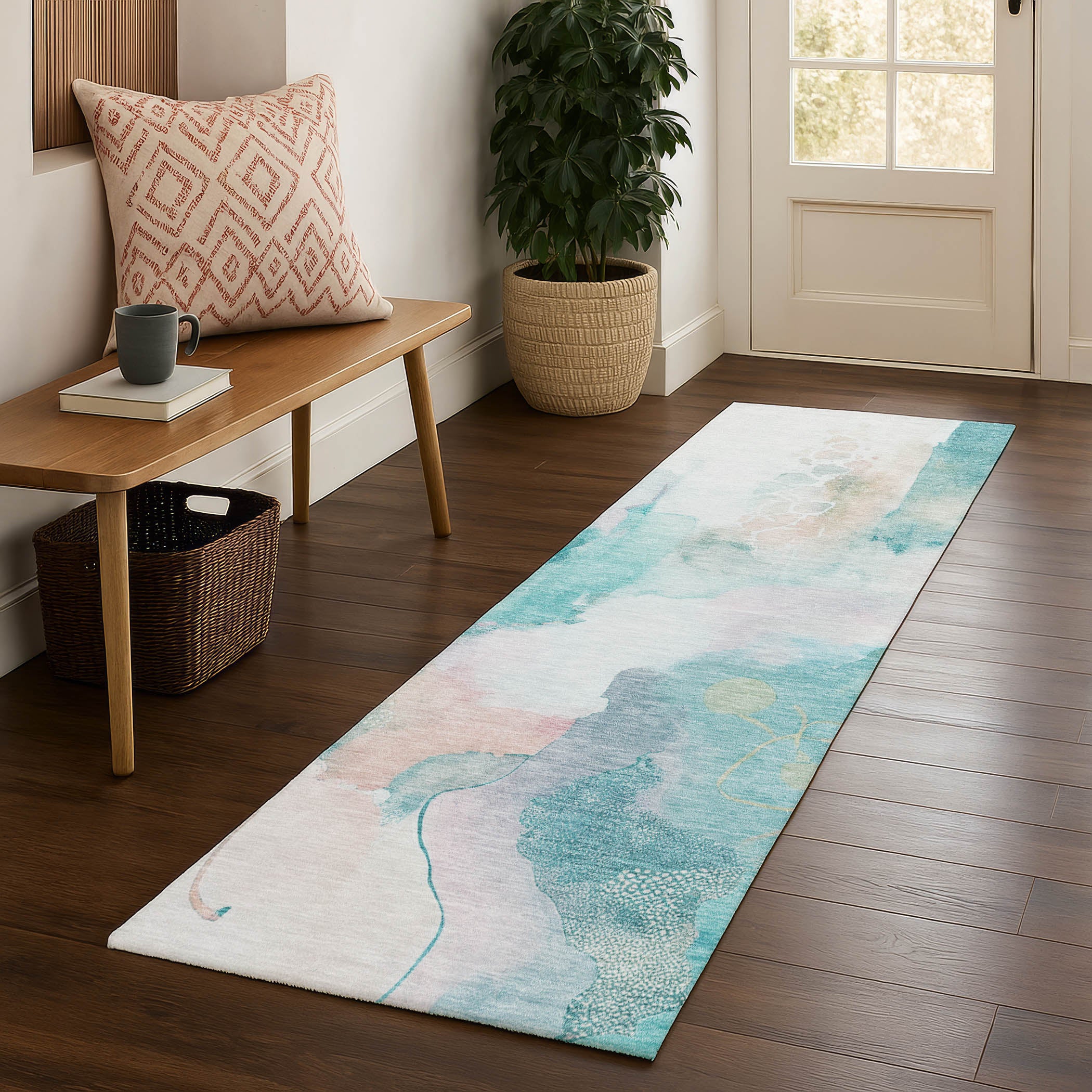 Sarajevo Machine Washable Transitional Turquoise Teal Rug 2'3" x 7'6" #shape_Runner