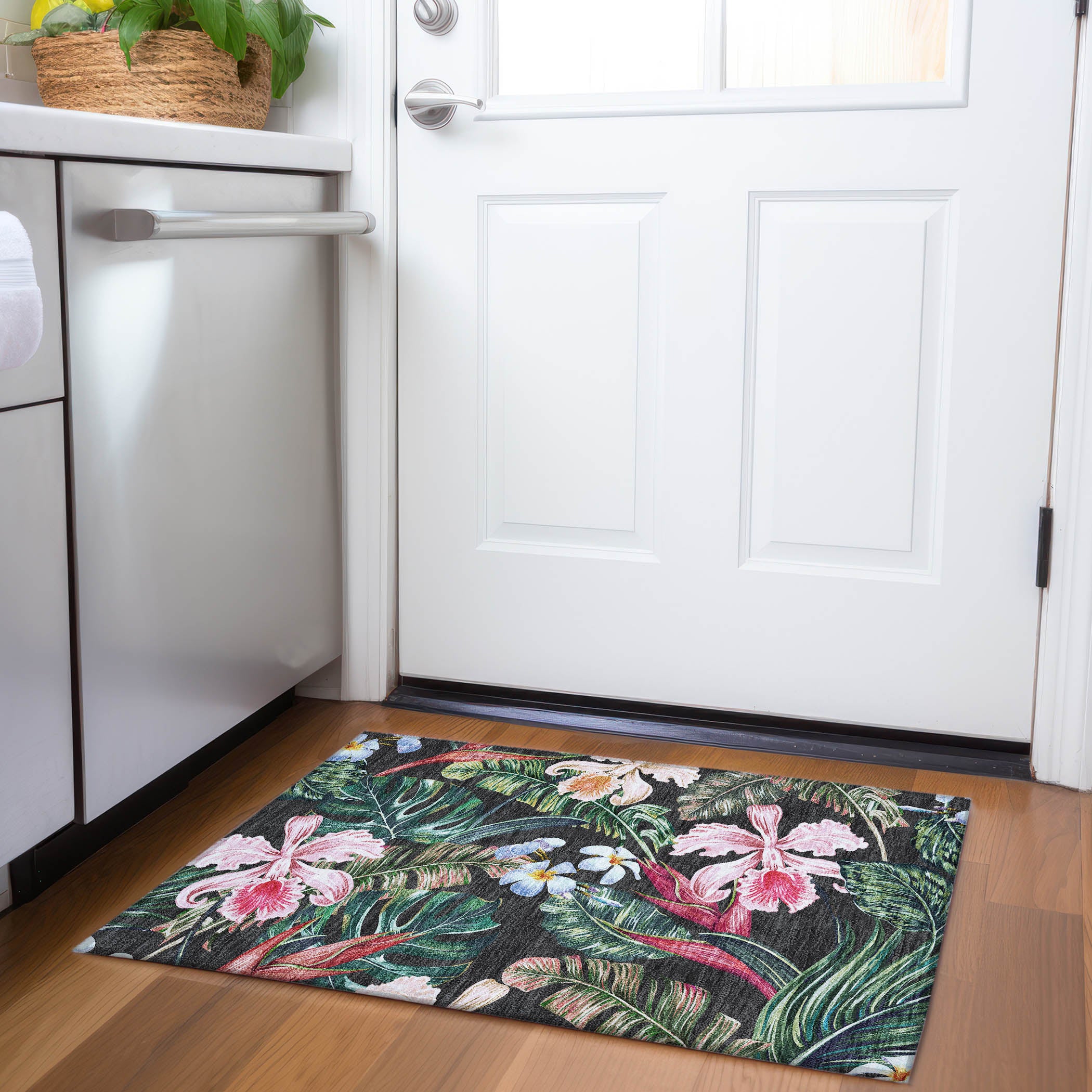 Queenstown Machine Washable Tropical Midnight Black Rug 1'8" x 2'6" #shape_Rectangle