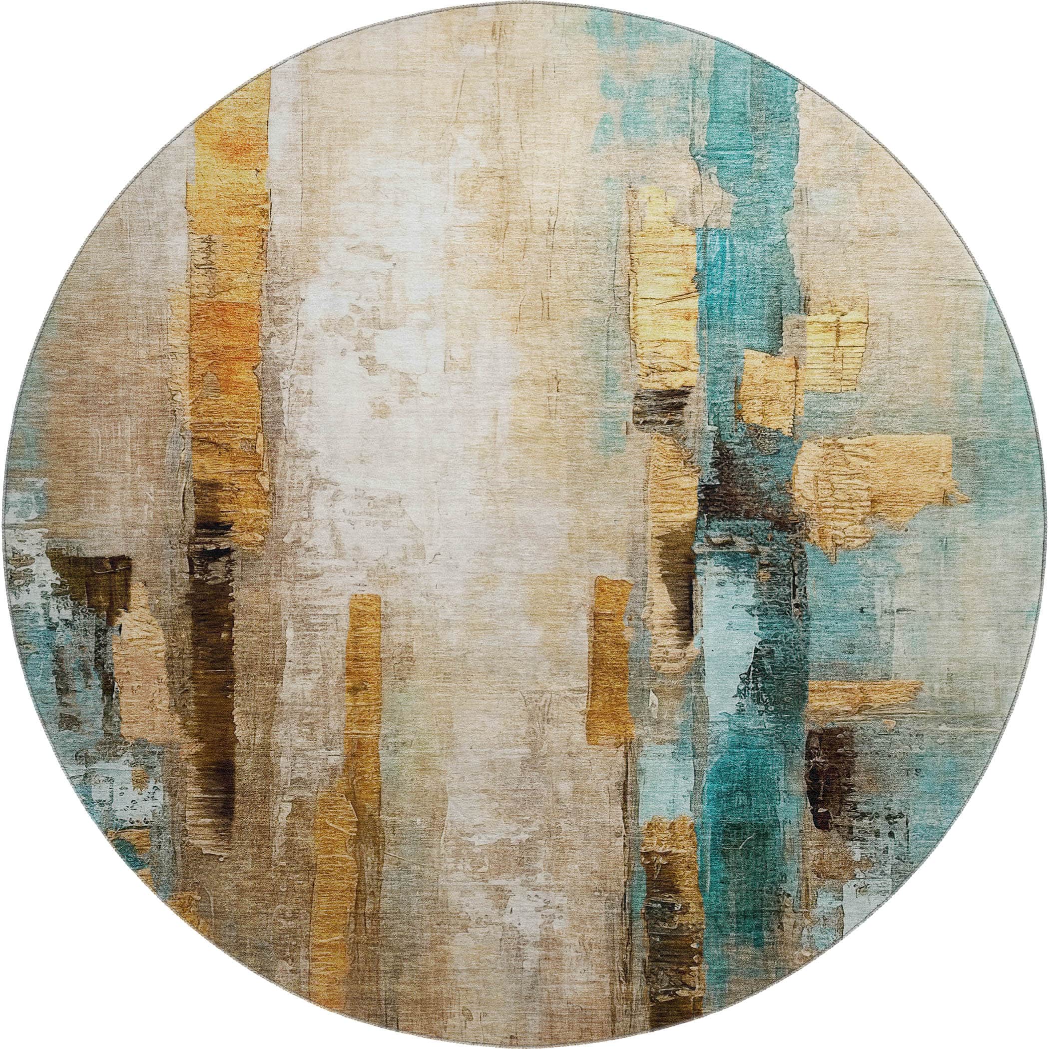 Kathmandu Machine Washable Transitional Beige Brown Rug 8' x 8' #shape_Round