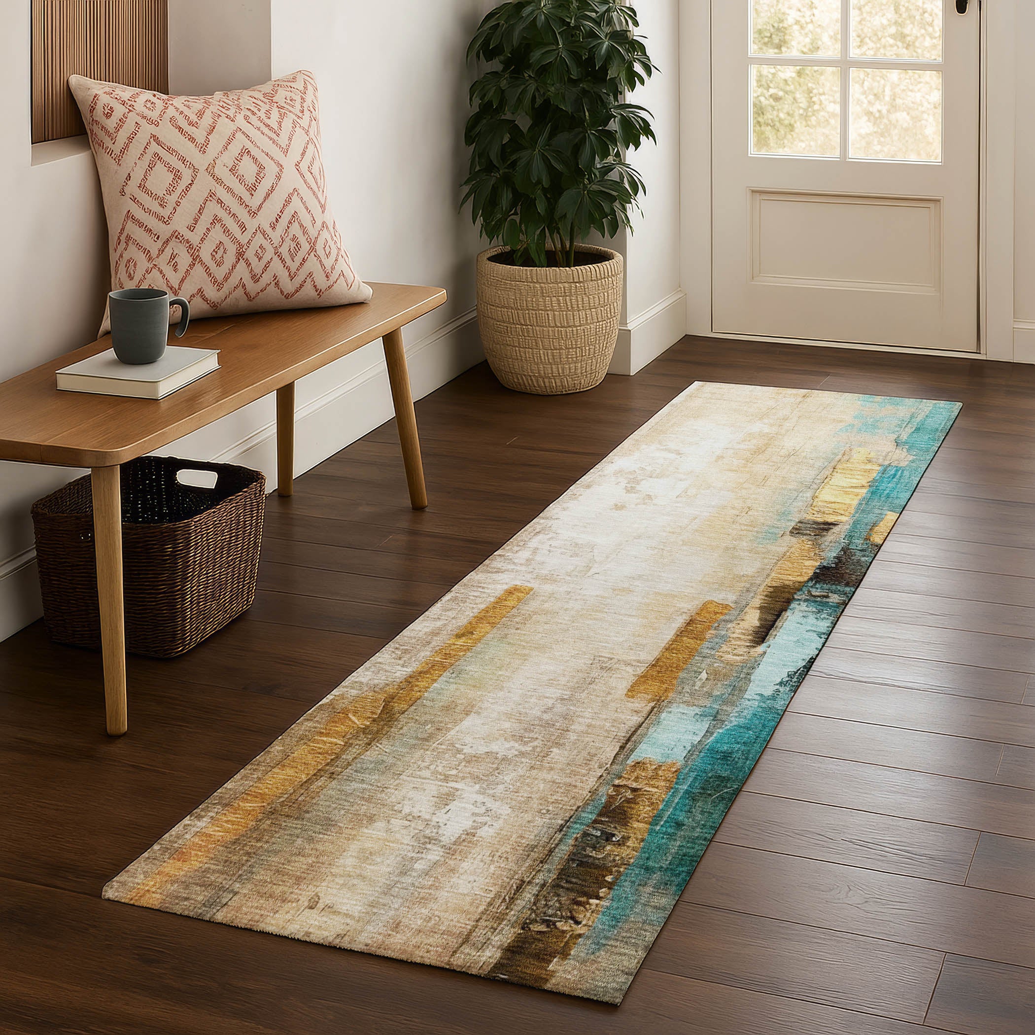 Kathmandu Machine Washable Transitional Beige Brown Rug 2'3" x 7'6" #shape_Runner