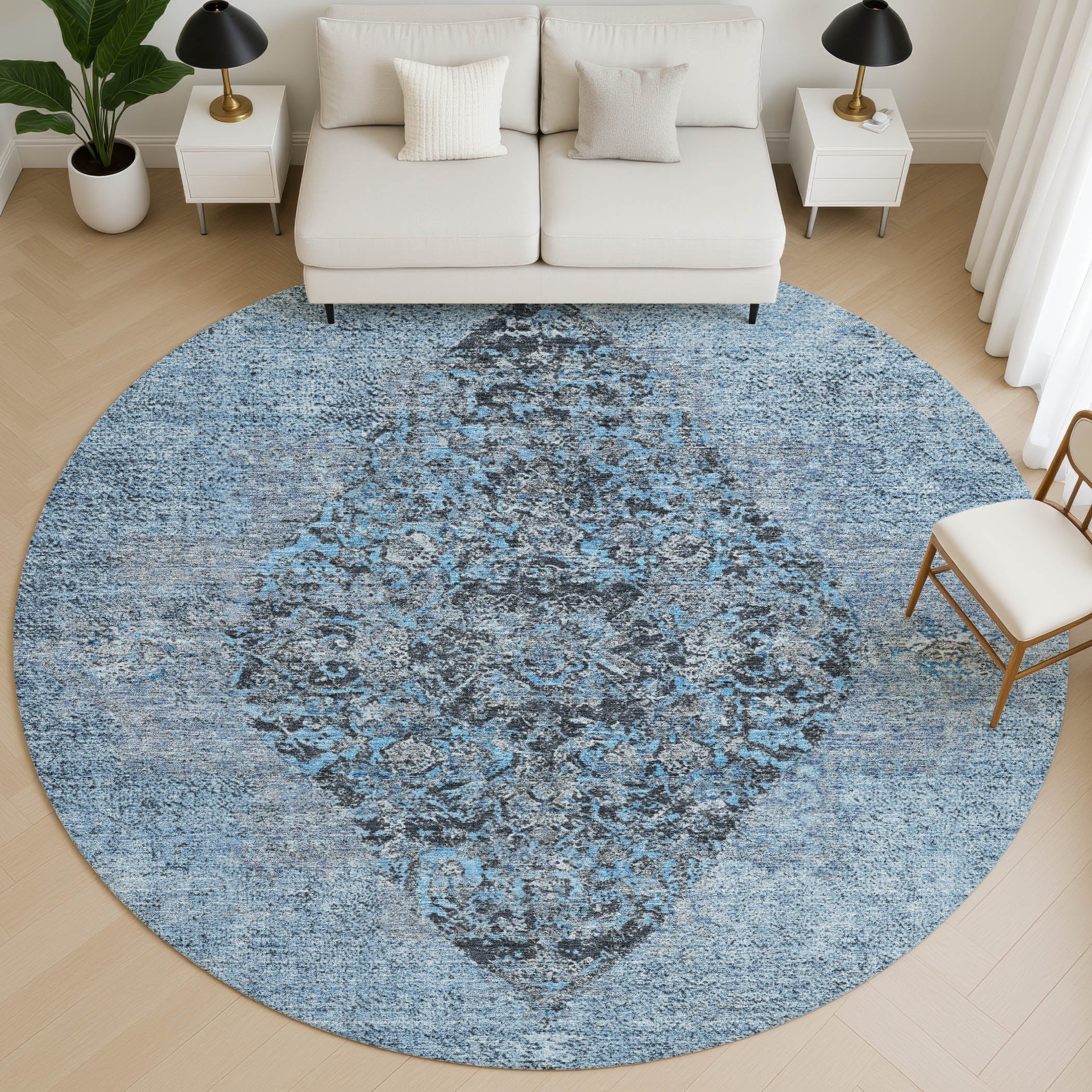 Ghent Machine Washable Traditional Denim Blue Rug 8' x 8' #shape_Round