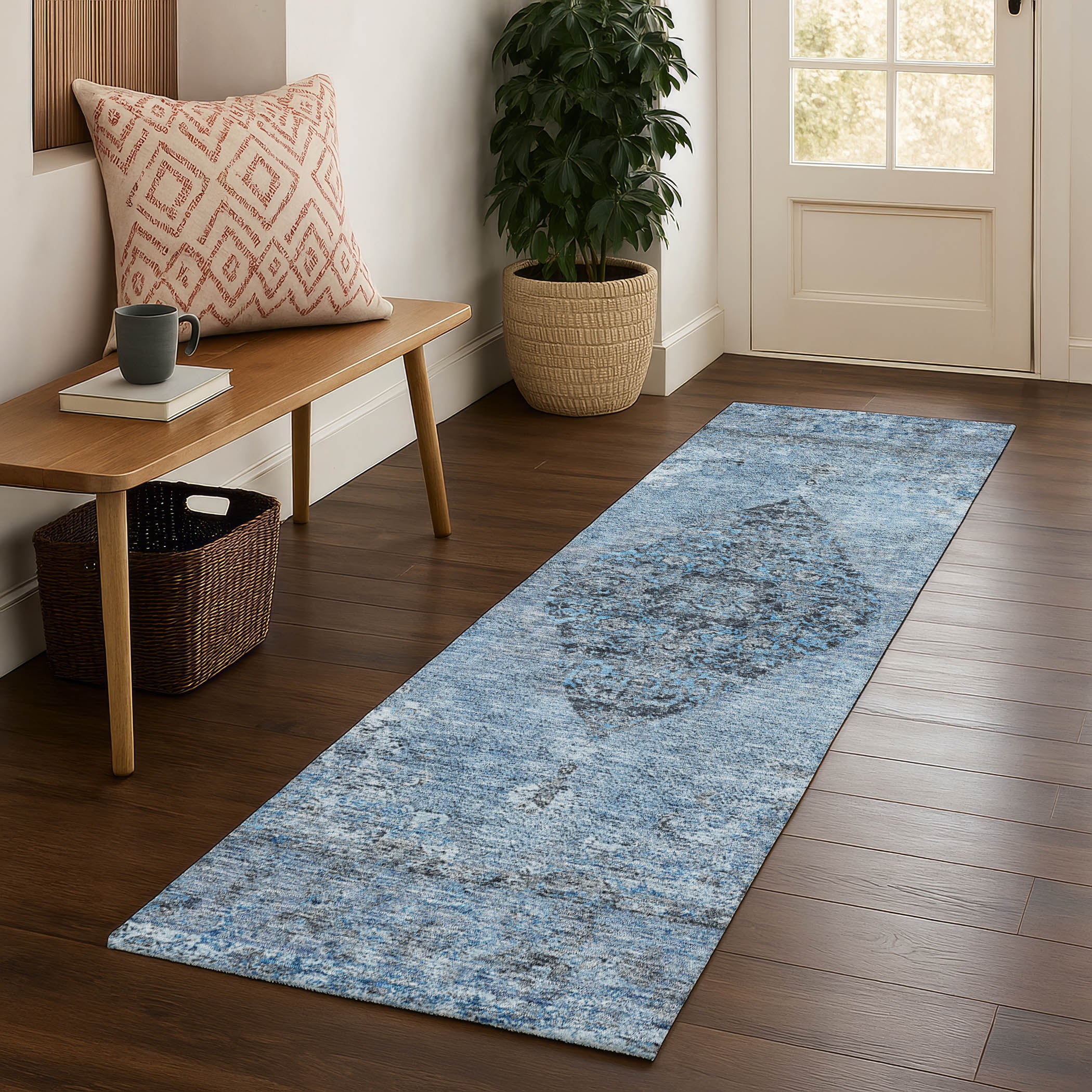 Ghent Machine Washable Traditional Denim Blue Rug 2'3" x 7'6" #shape_Runner