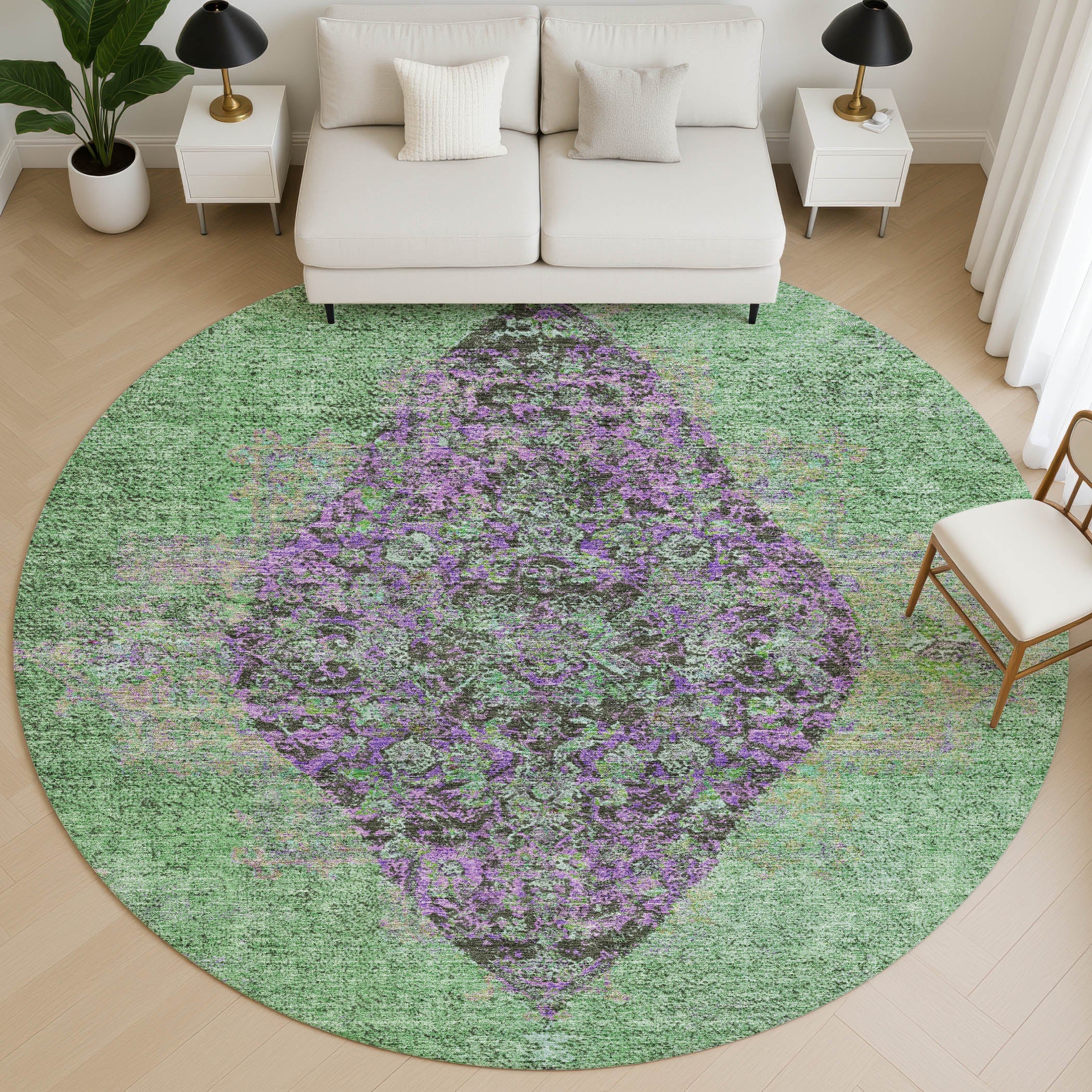 Ghent Machine Washable Traditional Lime Green Rug 8' x 8' #shape_Round