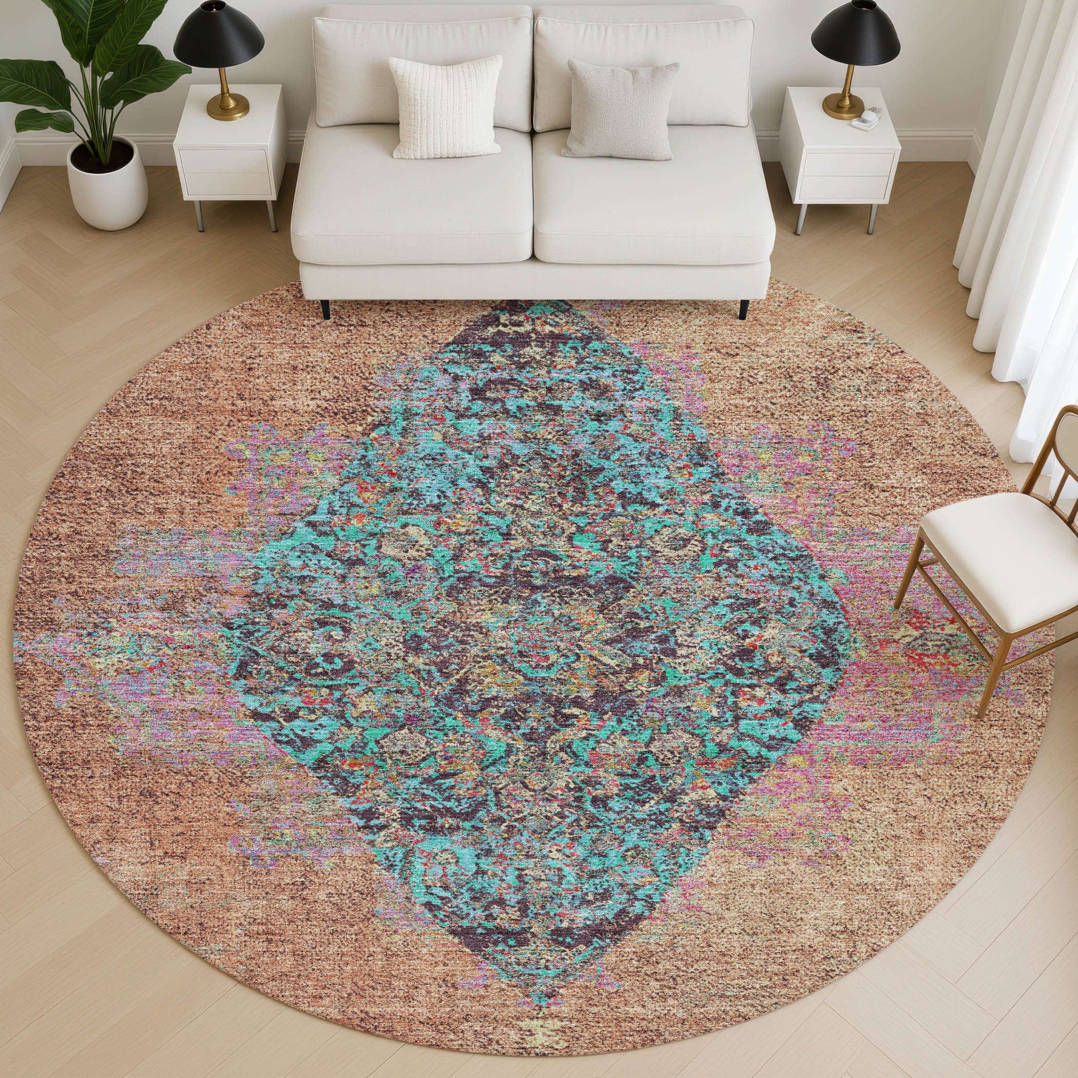 Ghent Machine Washable Traditional Orange Rug 8' x 8' #shape_Round