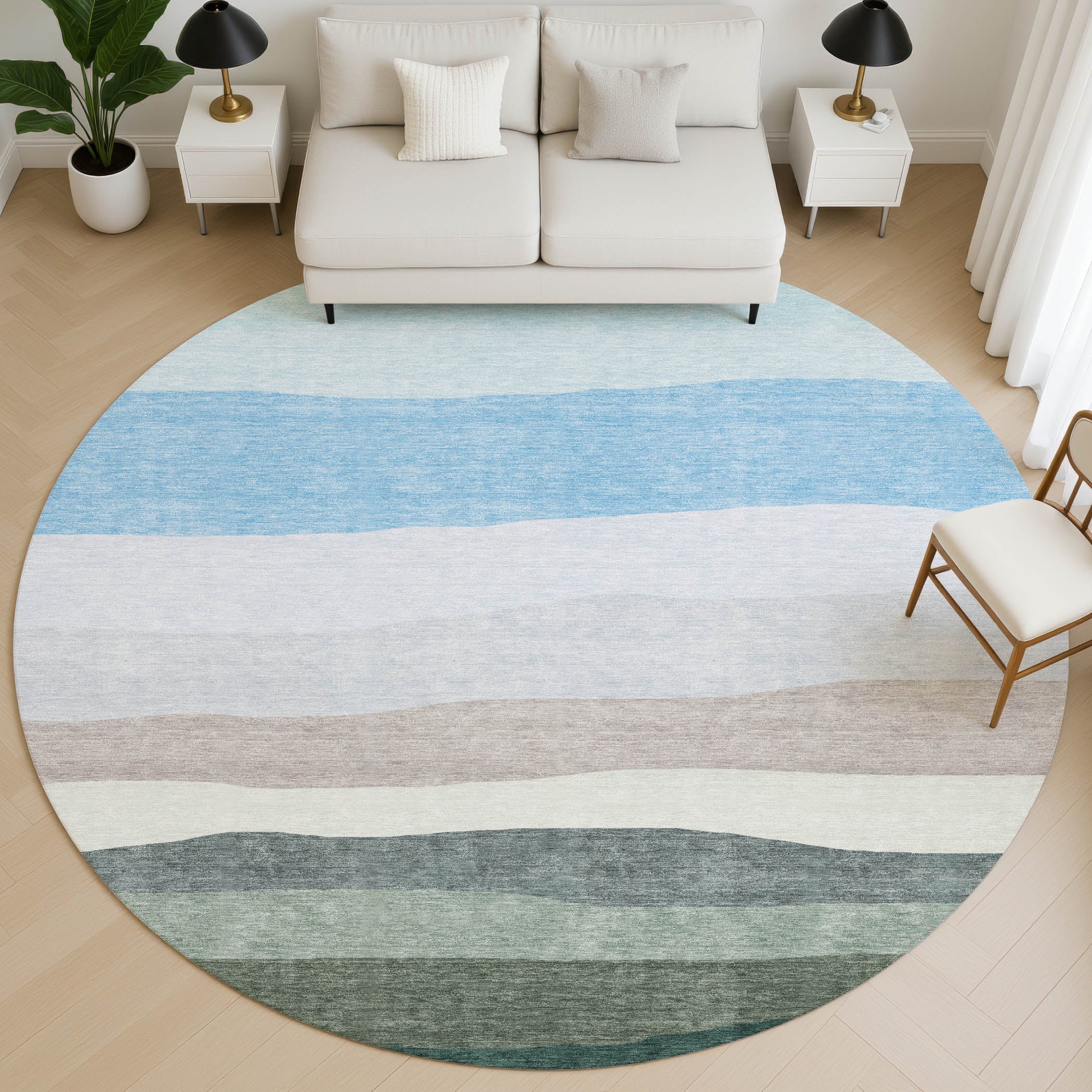 Kyoto Machine Washable Transitional Green Rug 8' x 8' #shape_Round