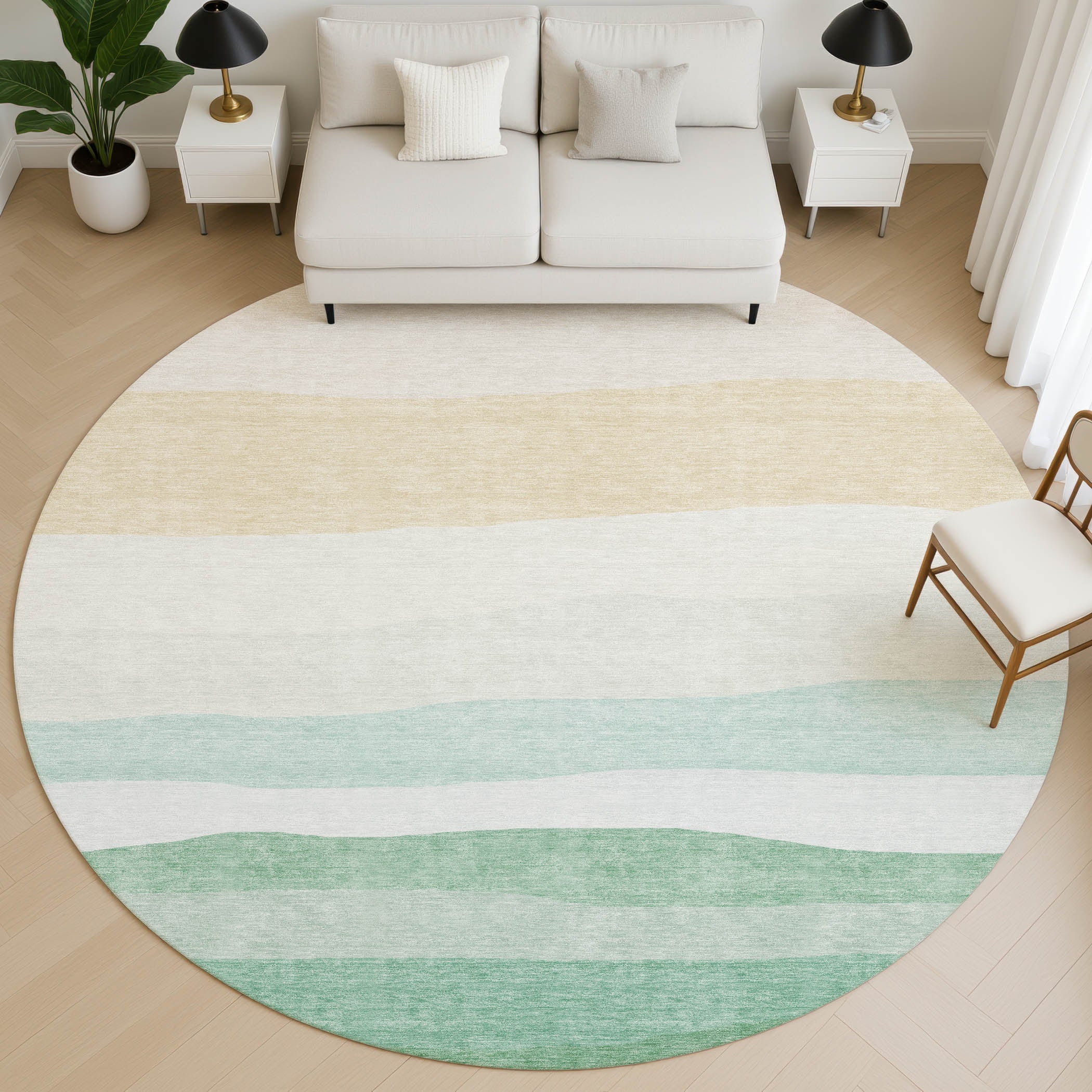 Kyoto Machine Washable Transitional Teal Rug 8' x 8' #shape_Round