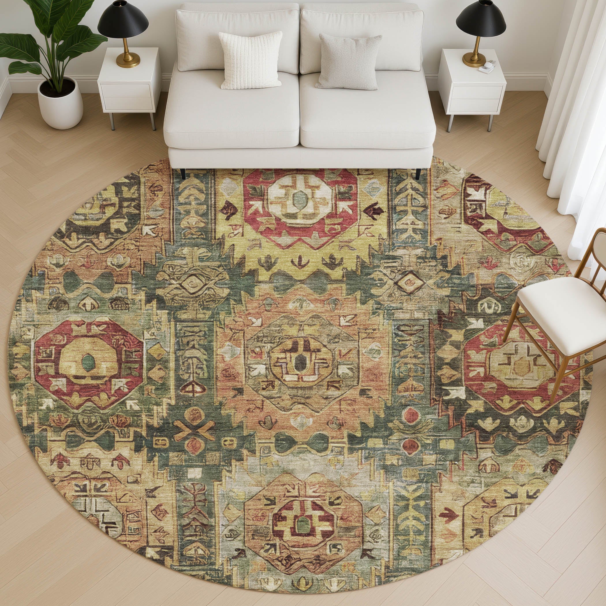 Ghent Machine Washable Traditional Aloe Green Rug 8' x 8' #shape_Round