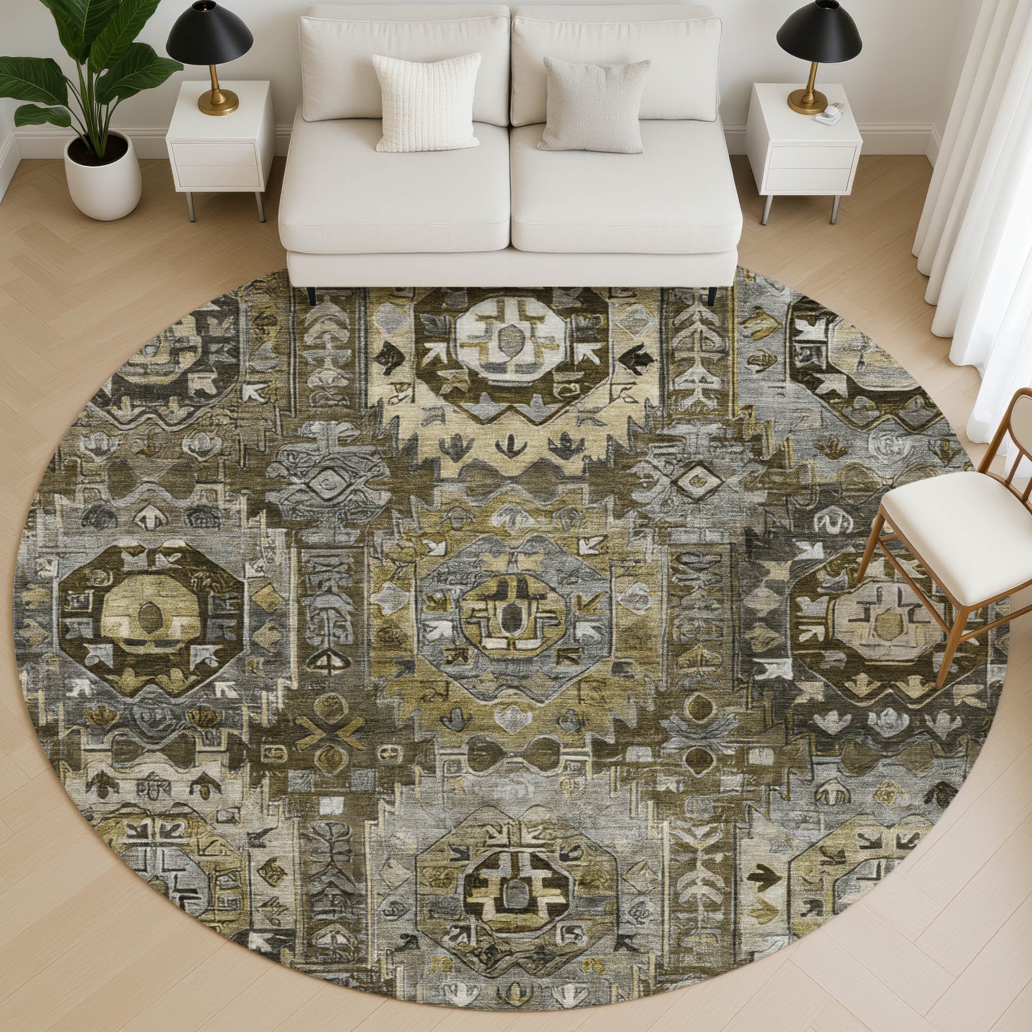 Ghent Machine Washable Traditional Mocha Brown Rug 8' x 8' #shape_Round