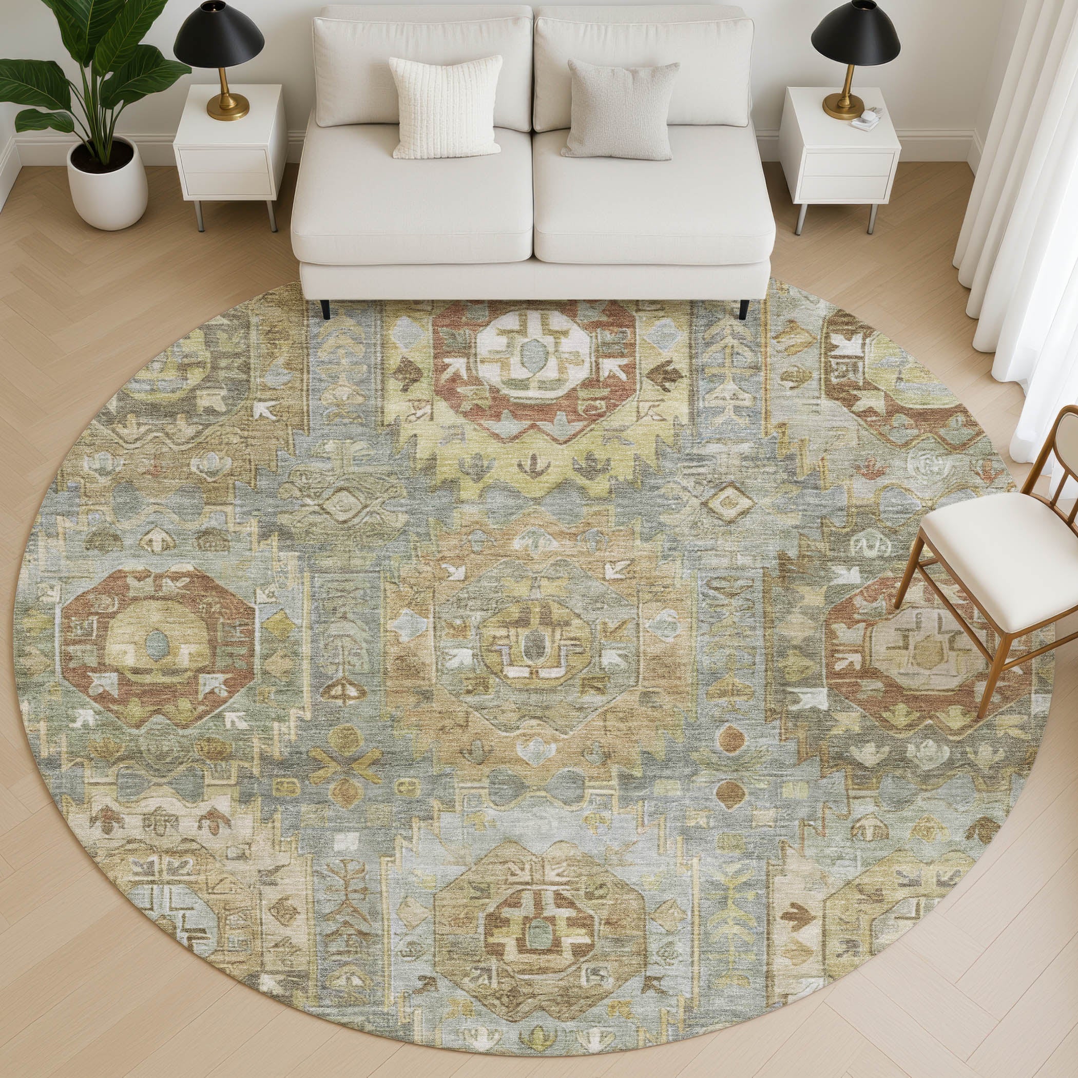 Ghent Machine Washable Traditional Sage Green Rug 8' x 8' #shape_Round