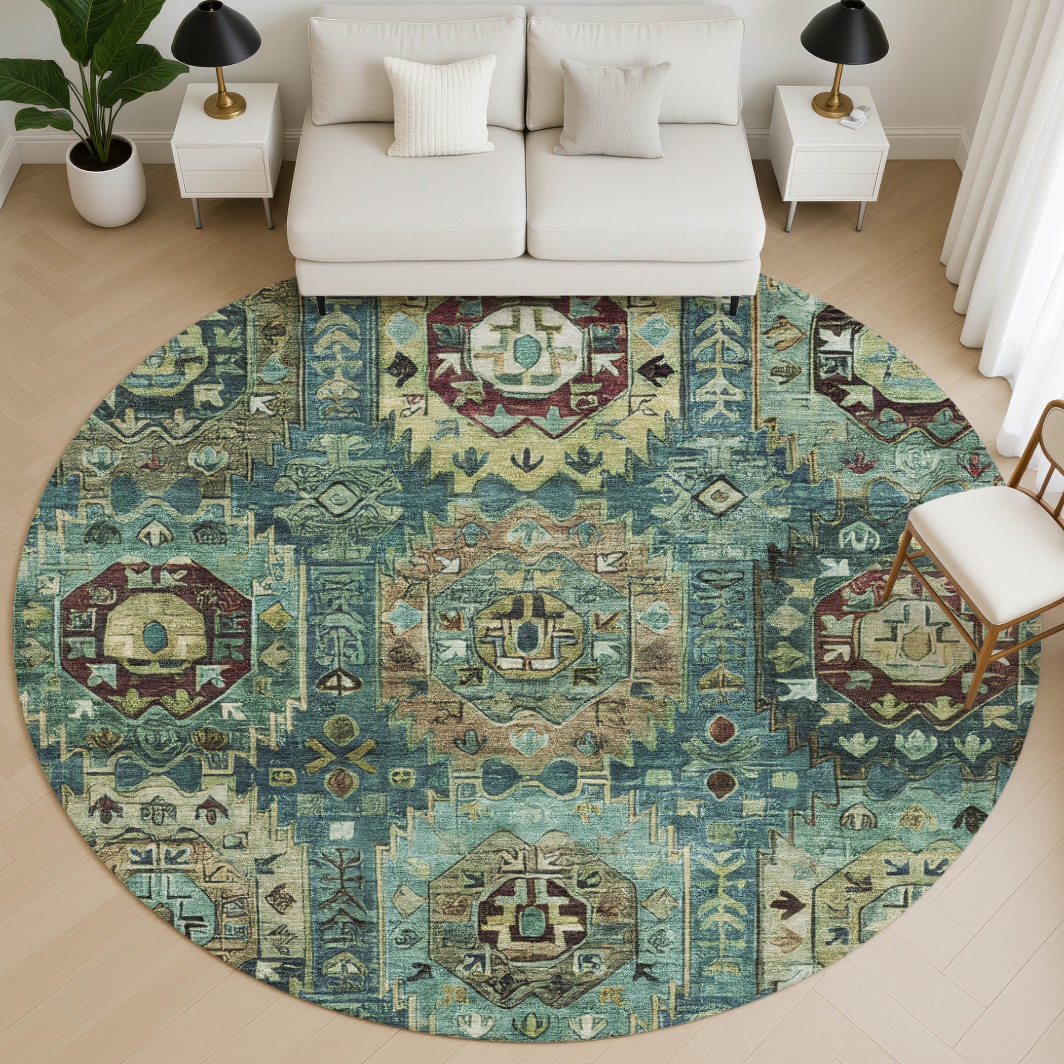 Ghent Machine Washable Traditional Teal Rug 8' x 8' #shape_Round