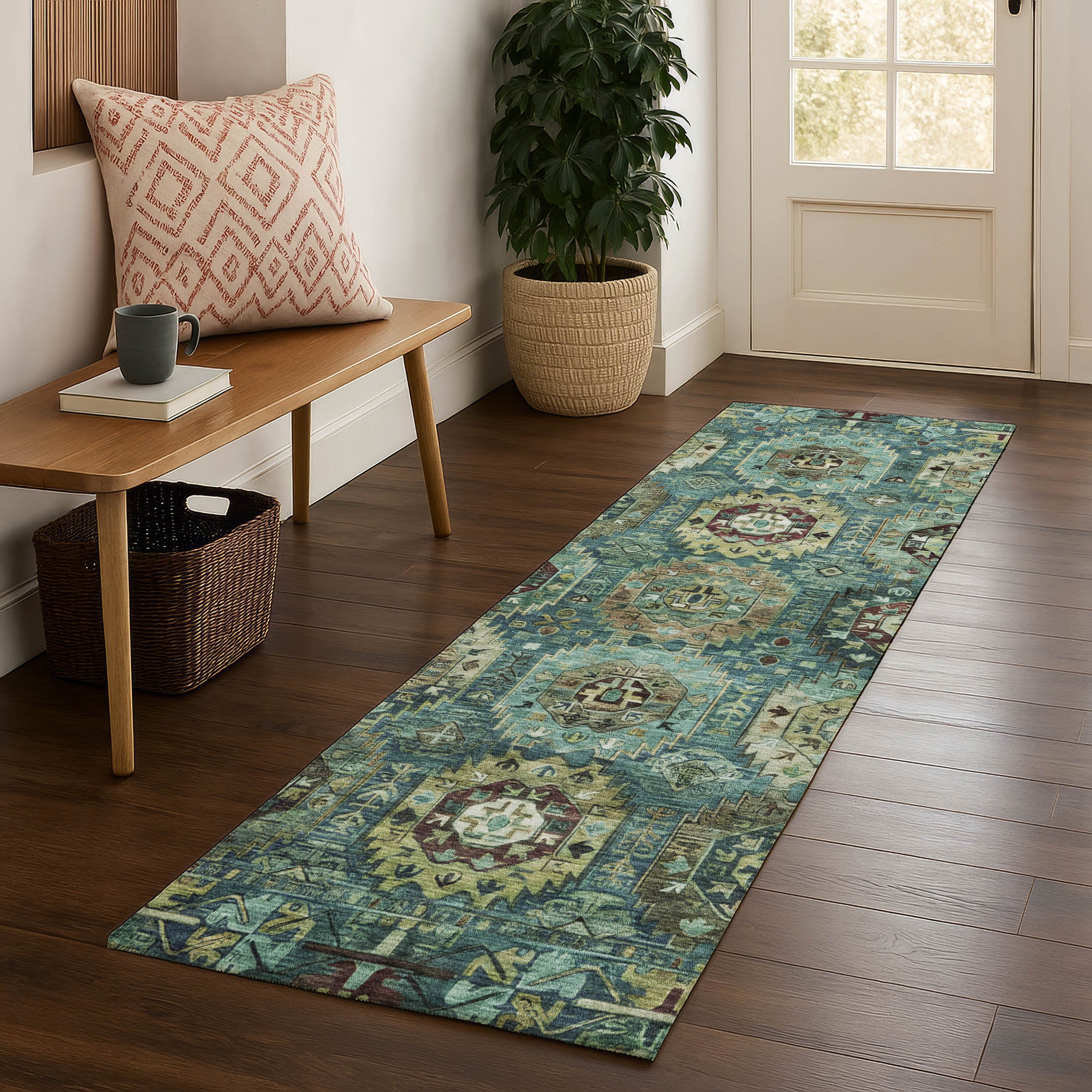 Ghent Machine Washable Traditional Teal Rug 2'3" x 7'6" #shape_Runner