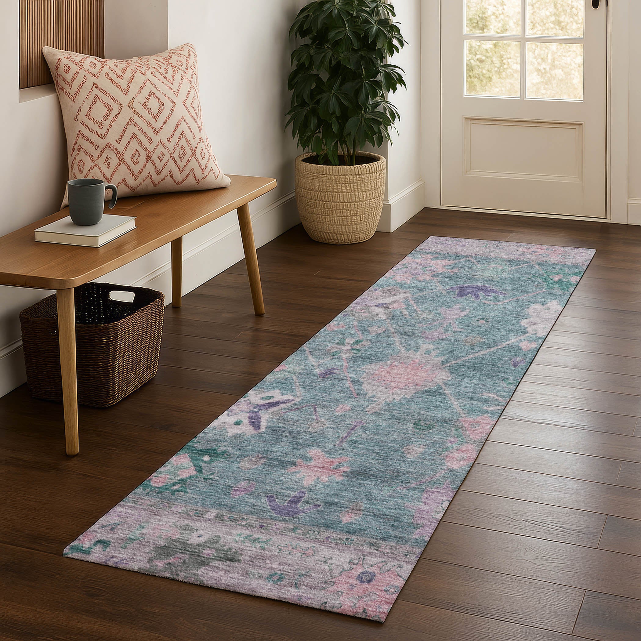 Colombo Machine Washable Traditional Green Rug 2'3" x 7'6" #shape_Runner