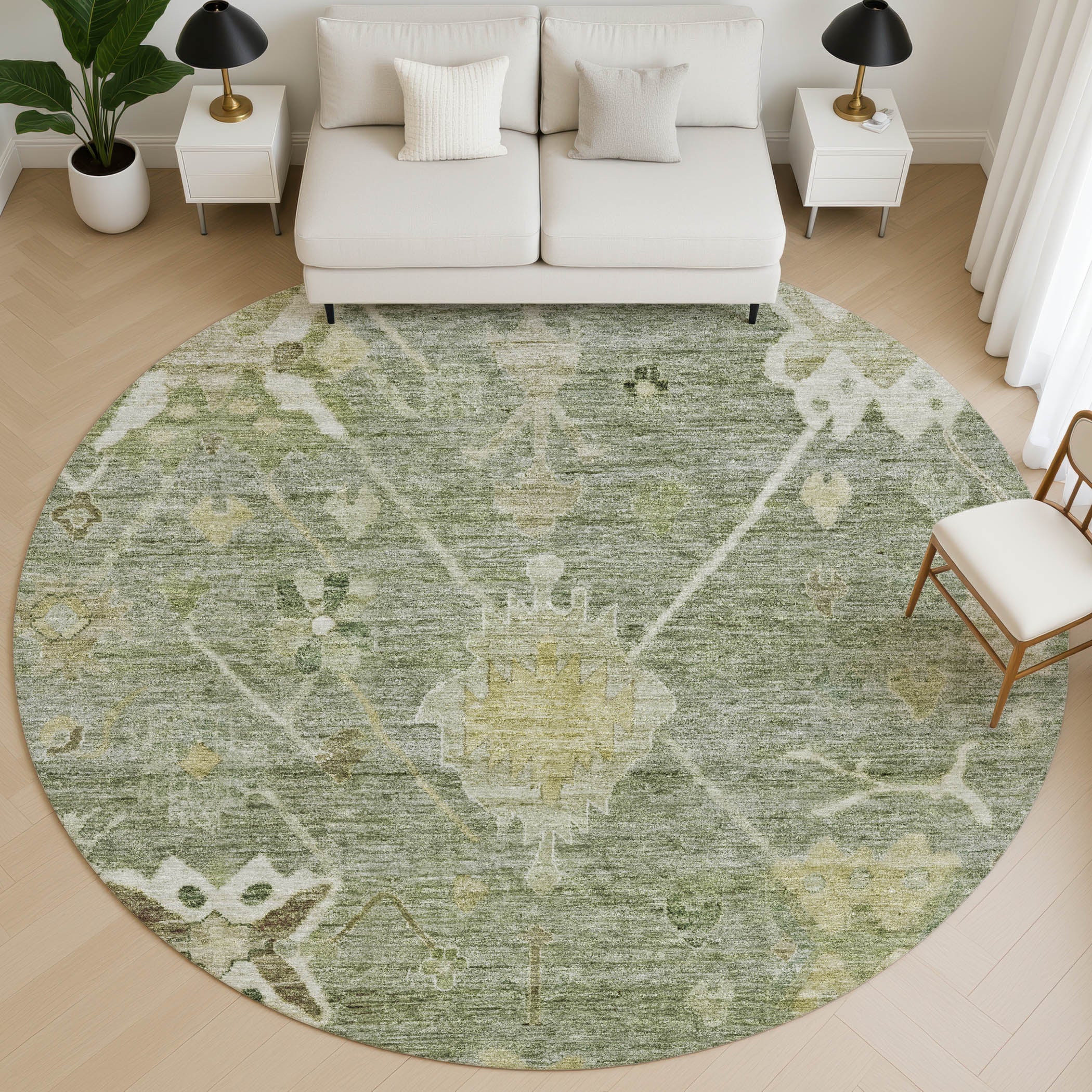 Colombo Machine Washable Traditional Sage Green Rug 8' x 8' #shape_Round