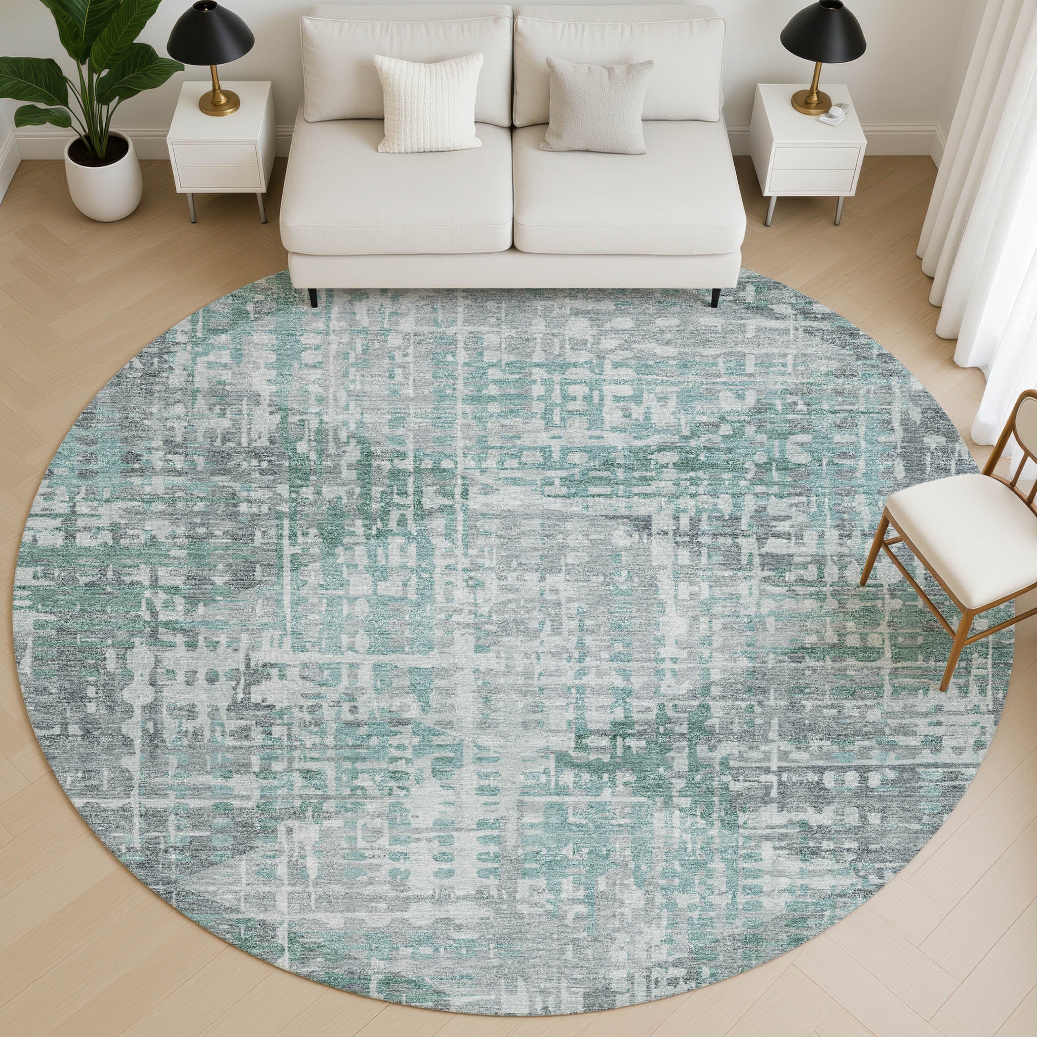 Sintra Machine Washable Transitional Teal Rug 8' x 8' #shape_Round